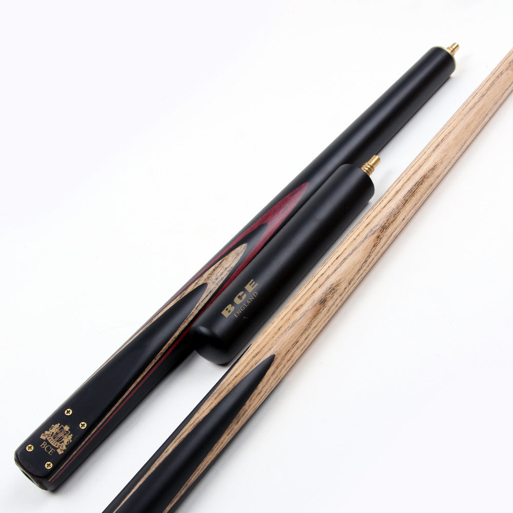 BCE 3 Piece Heritage Snooker Cue - 3/4 Cut Cue - Layered Ebonised Black Wood Butt - 9.5mm Tip - 145cm - Black/Natural/Brown/Purple