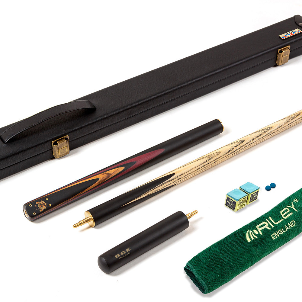 BCE 3 Piece Heritage Snooker Cue - 3/4 Cut Cue - Layered Ebonised Black Wood Butt - 9.5mm Tip - 145cm - Black/Natural/Brown/Purple