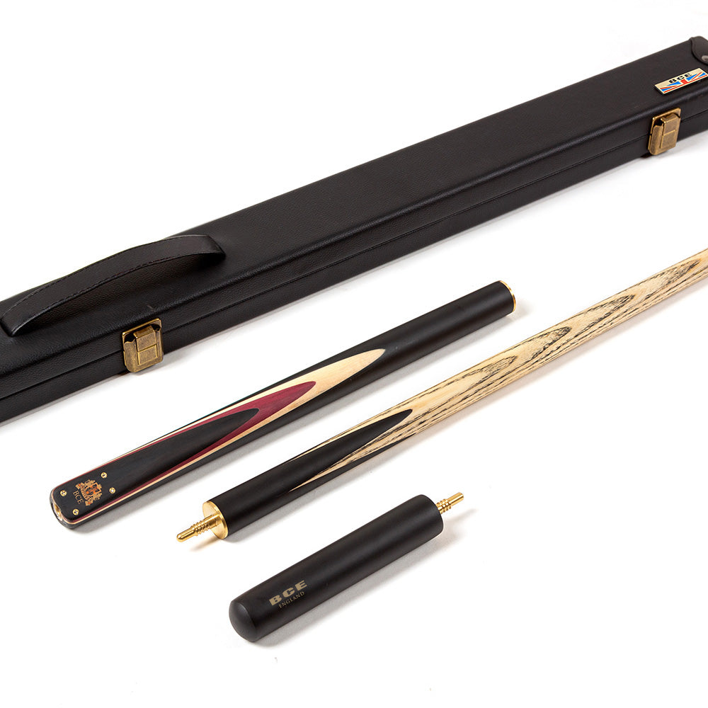 BCE 3 Piece Heritage Snooker Cue - 3/4 Cut Cue - Layered Ebonised Black Wood Butt - 9.5mm Tip - 145cm - Black/Natural/Purple