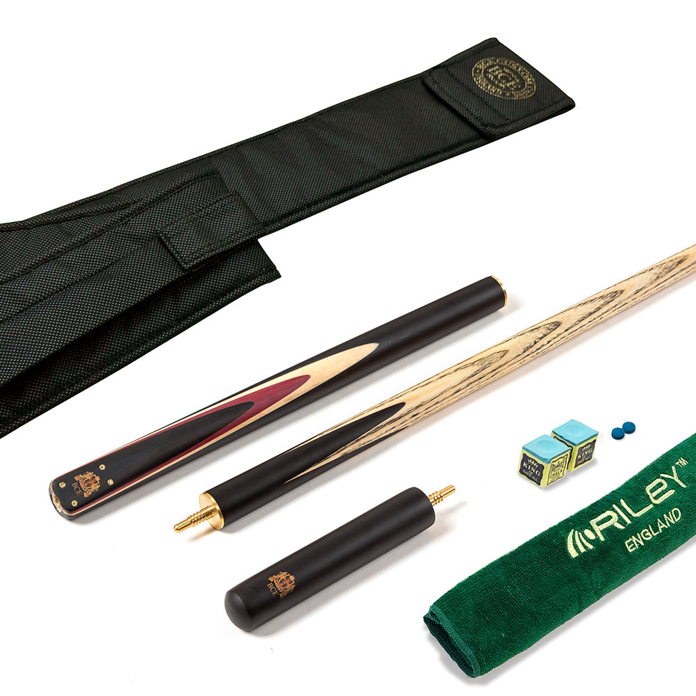 BCE 3 Piece Heritage Snooker Cue - 3/4 Cut Cue - Layered Ebonised Black Wood Butt - 9.5mm Tip - 145cm - Black/Natural/Purple
