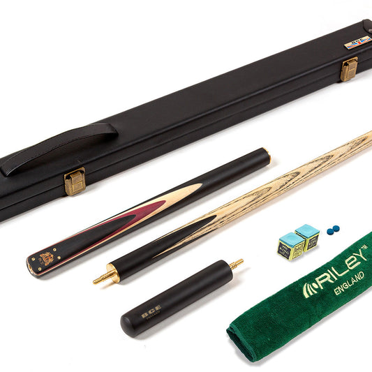 BCE 3 Piece Heritage Snooker Cue - 3/4 Cut Cue - Layered Ebonised Black Wood Butt - 9.5mm Tip - 145cm - Black/Natural/Purple