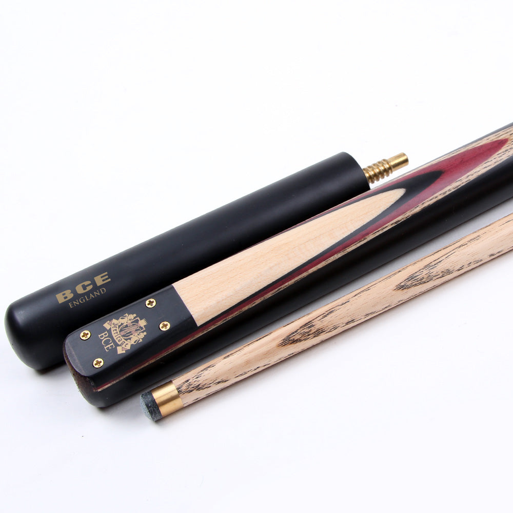 BCE 3 Piece Heritage Snooker Cue - 3/4 Cut Cue - Layered Ebonised Black Wood Butt - 9.5mm Tip - 145cm - Black/Natural/Purple