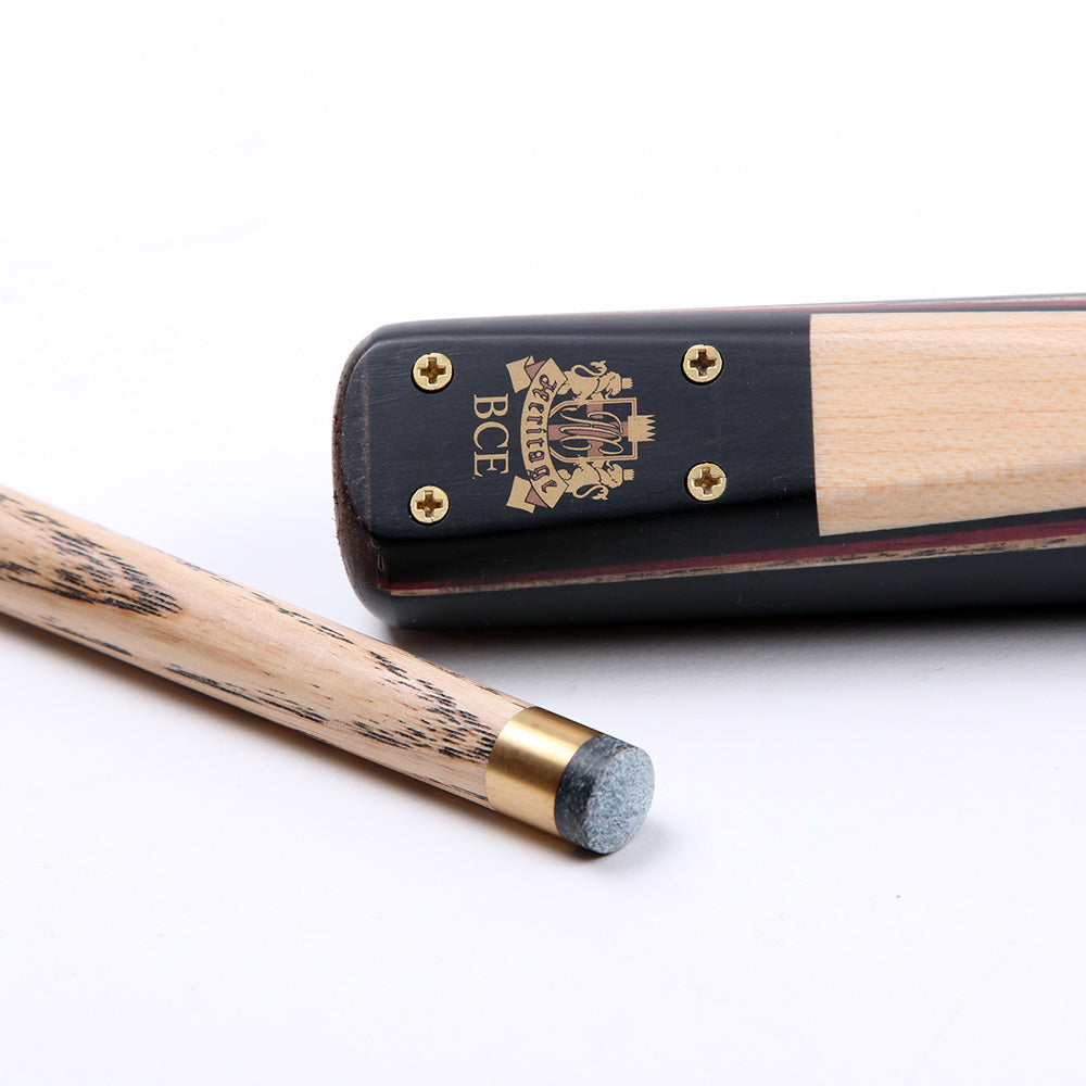 BCE 3 Piece Heritage Snooker Cue - 3/4 Cut Cue - Layered Ebonised Black Wood Butt - 9.5mm Tip - 145cm - Black/Natural/Purple