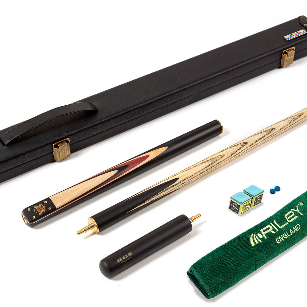 BCE 3 Piece Heritage Snooker Cue - 3/4 Cut Cue - Layered Ebonised Black Wood Butt - 9.5mm Tip - 145cm - Black/Natural/Purple
