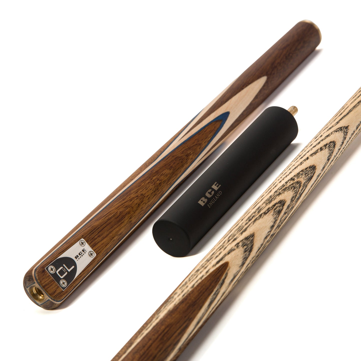 BCE C8L - 3 Piece English Pool Cue - 3/4 Cut Cue - Exotic Wood Butt with 9mm Tip - 145cm - Blue/ Natural Wood