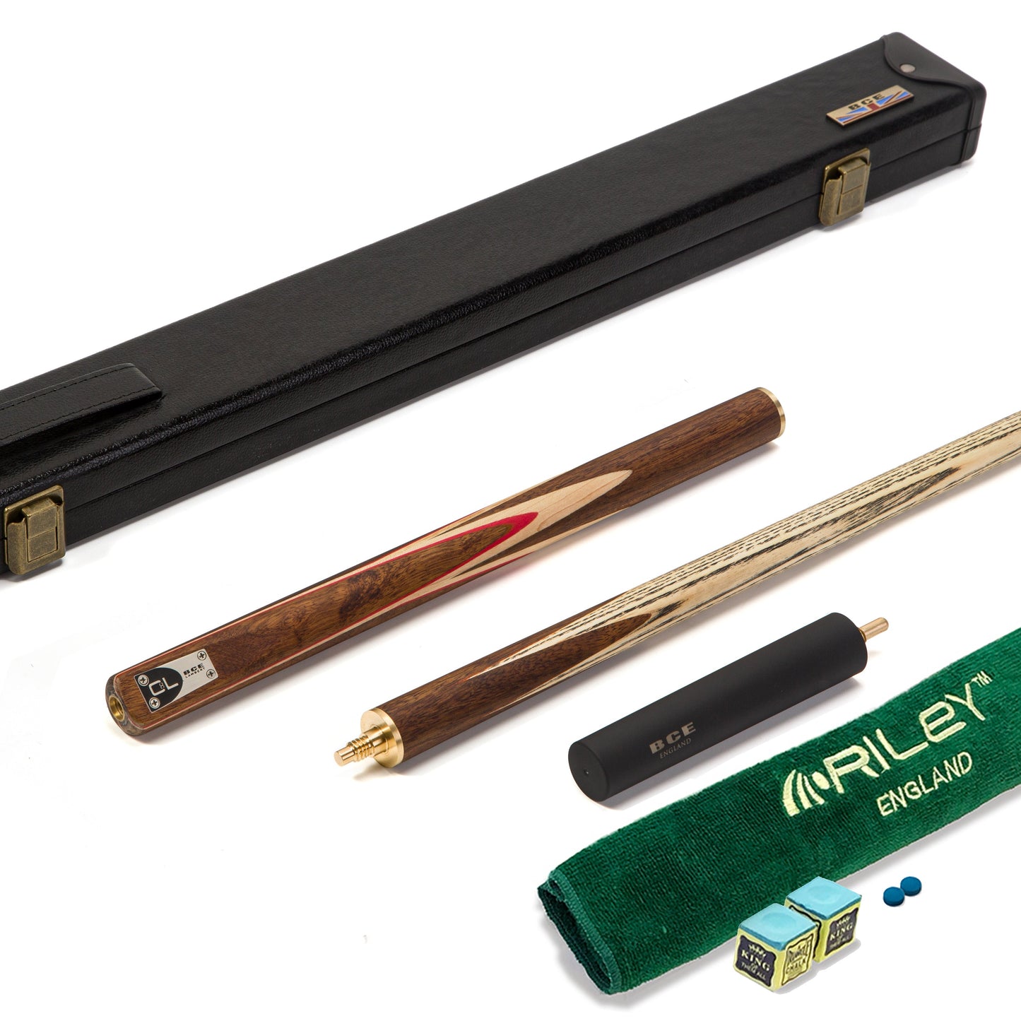 BCE C8L - 3 Piece English Pool Cue - 3/4 Cut Cue - Exotic Wood Butt with 9mm Tip - 145cm - Red/ Natural Wood