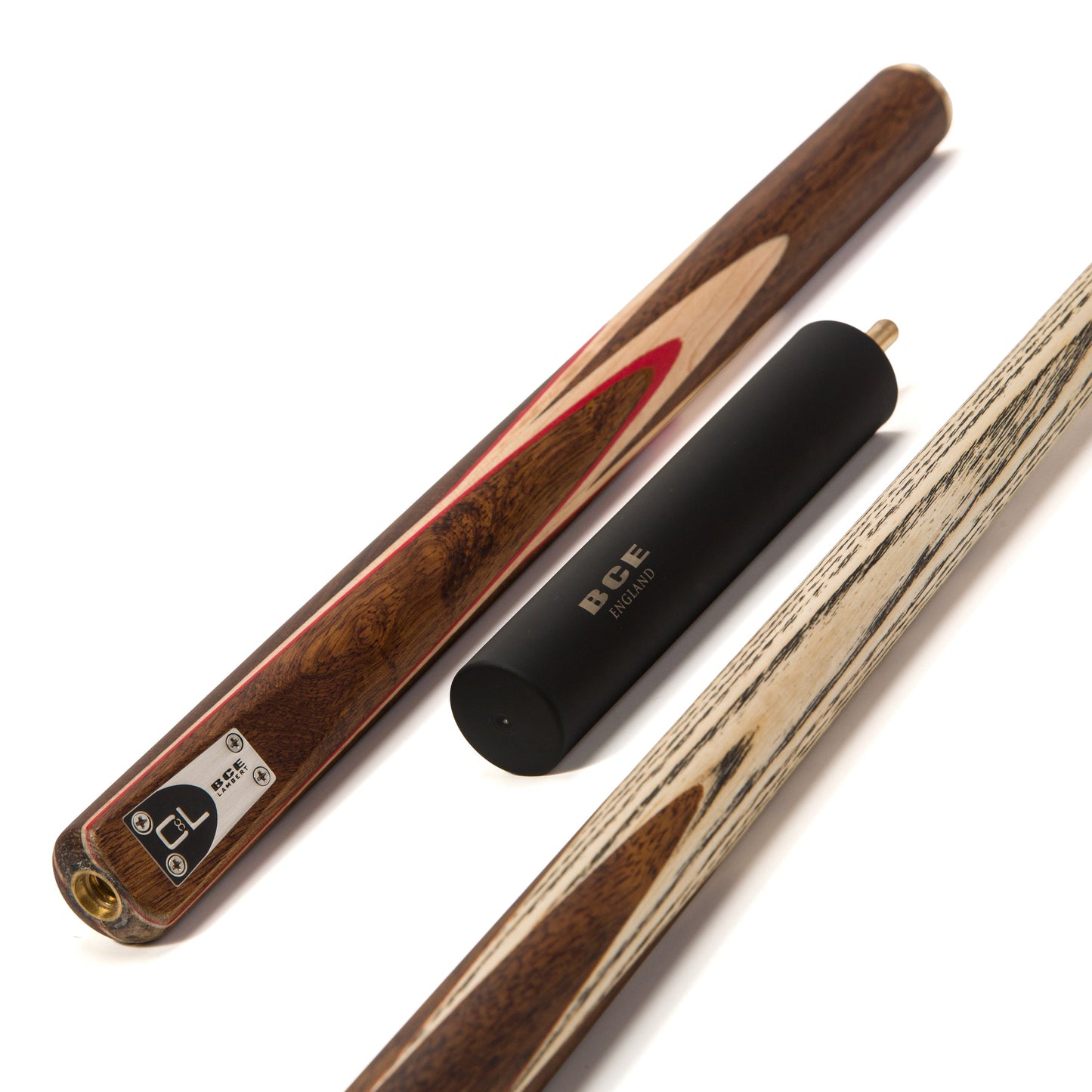 BCE C8L - 3 Piece English Pool Cue - 3/4 Cut Cue - Exotic Wood Butt with 9mm Tip - 145cm - Red/ Natural Wood