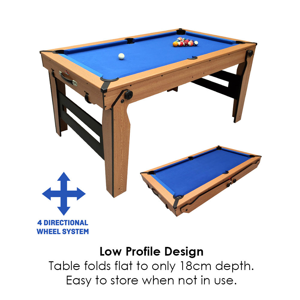 BCE 6ft Razor Folding Pool Table - Blue Cloth/ Oak Finish - Folds Flat