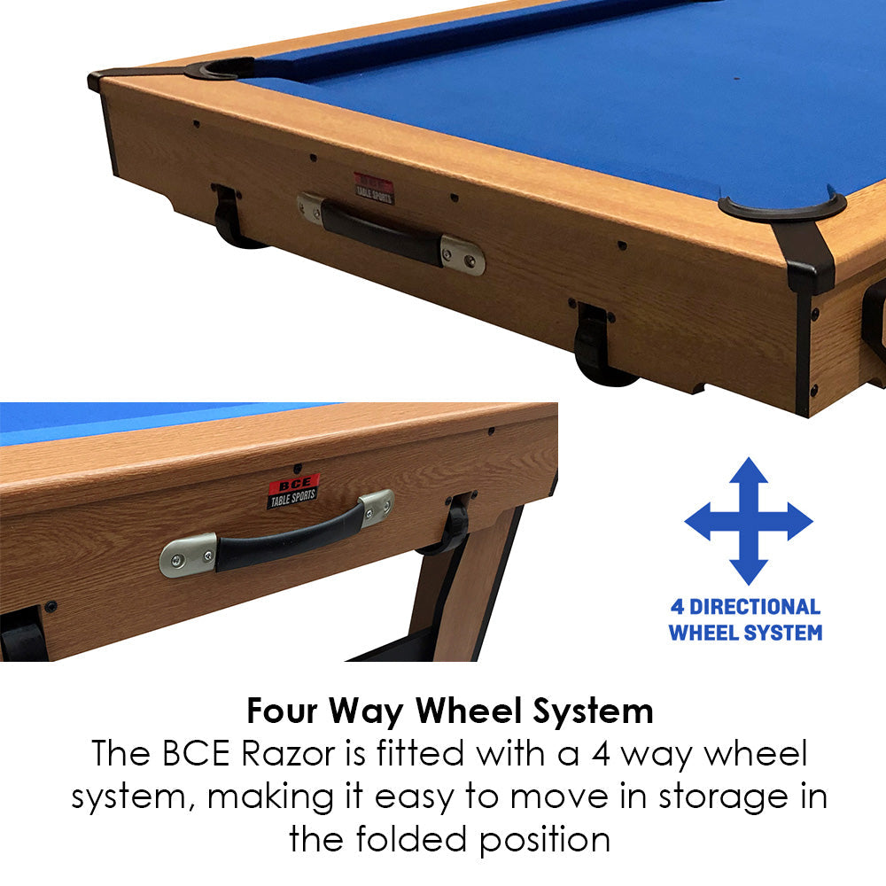 BCE 5ft Razor Folding 2 in 1 Pool Table with Table Tennis Top - Blue Cloth/ Oak Finish - Folds Flat