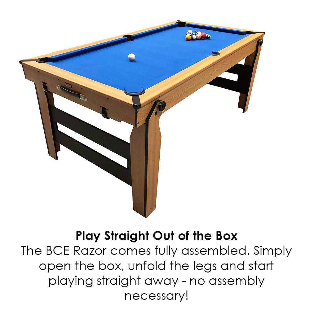 BCE 6ft Razor Folding Pool Table - Blue Cloth/ Oak Finish - Folds Flat
