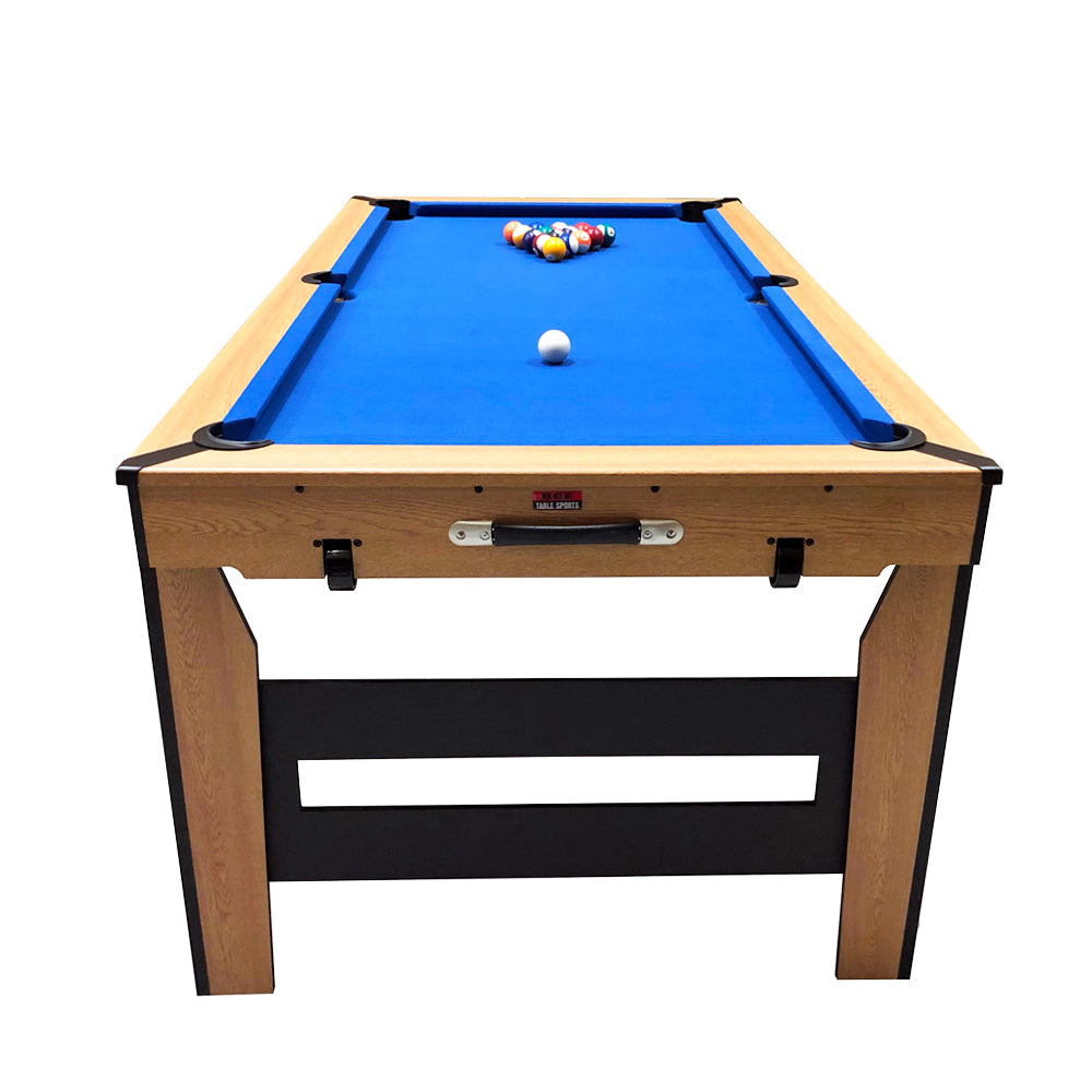 BCE 6ft Razor Folding Pool Table - Blue Cloth/ Oak Finish - Folds Flat