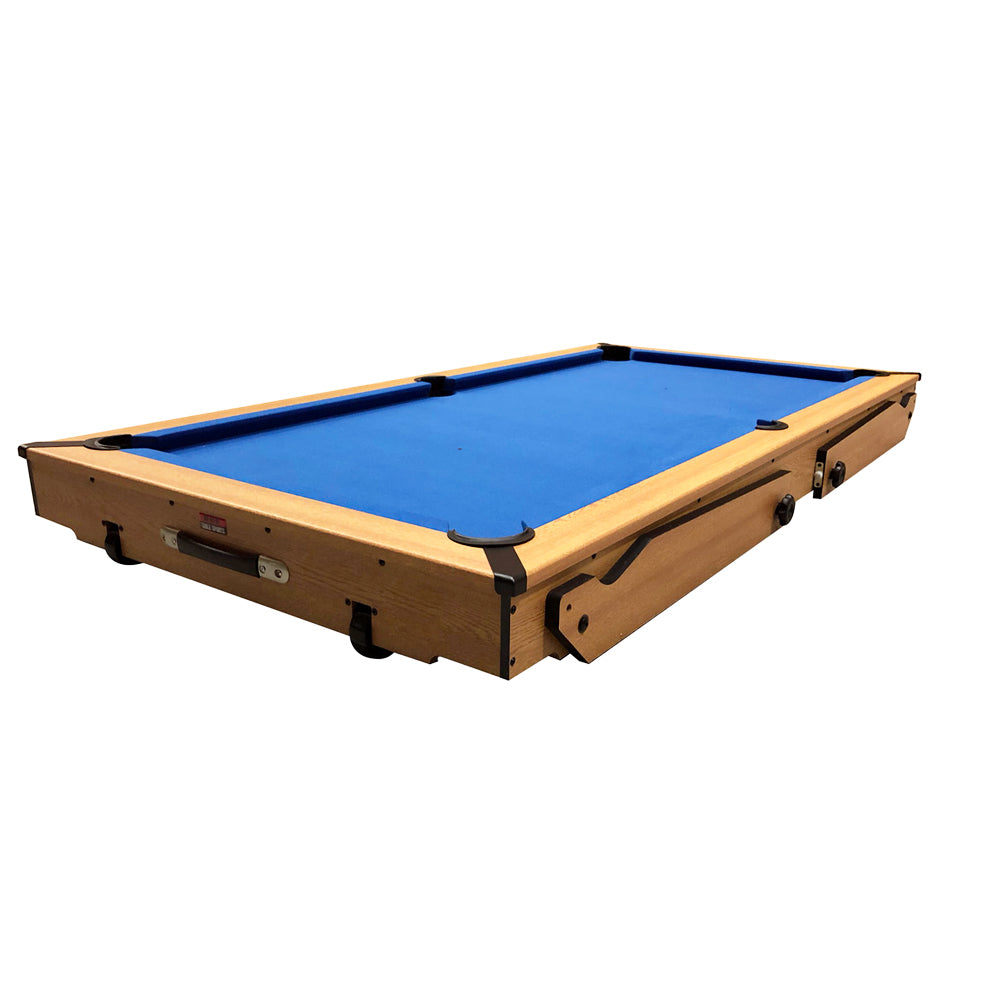 BCE 6ft Razor Folding Pool Table - Blue Cloth/ Oak Finish - Folds Flat