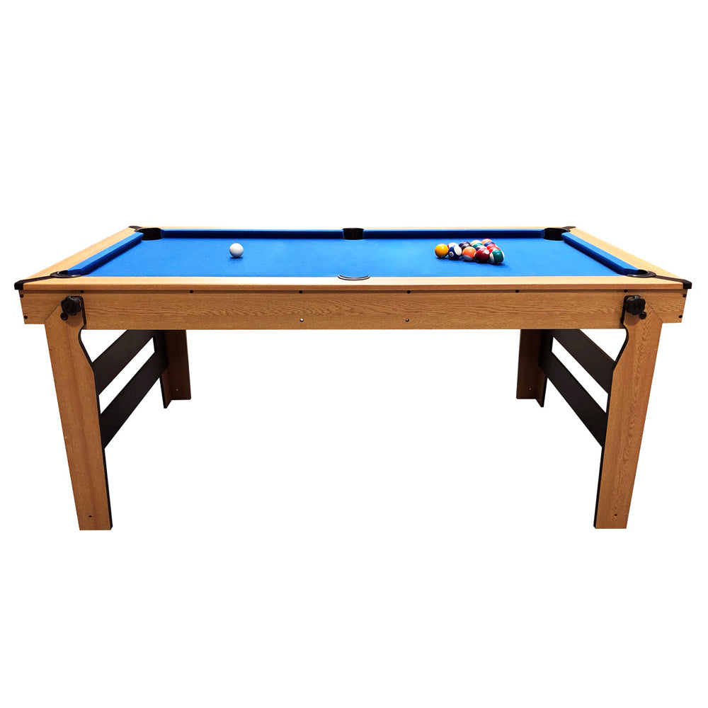 BCE 6ft Razor Folding Pool Table - Blue Cloth/ Oak Finish - Folds Flat