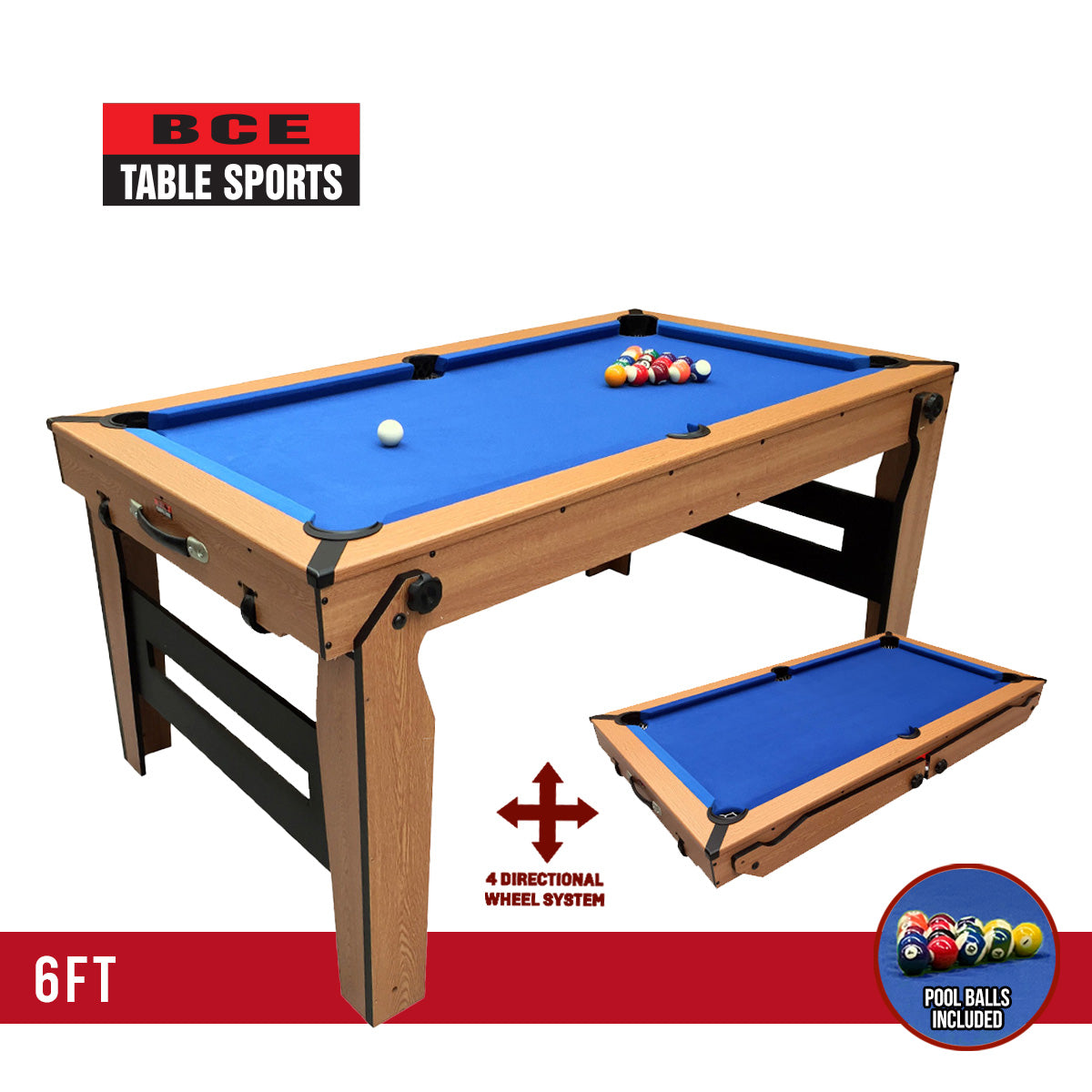 BCE 6ft Razor Folding Pool Table - Blue Cloth/ Oak Finish - Folds Flat