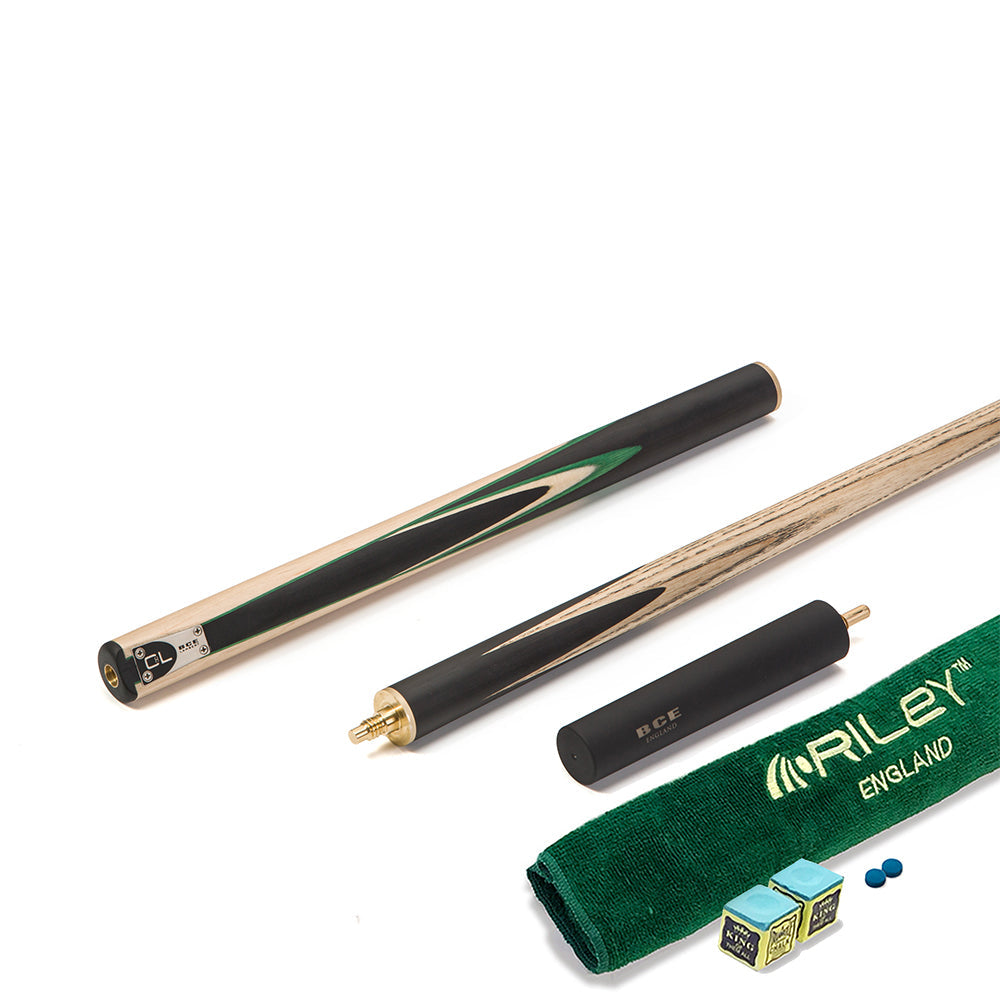 BCE C8L - 3 Piece English Pool Cue - 3/4 Cut Cue - Layered Ebonised Black Wood with 9mm Tip - 145cm - Black/ Green /Light Wood