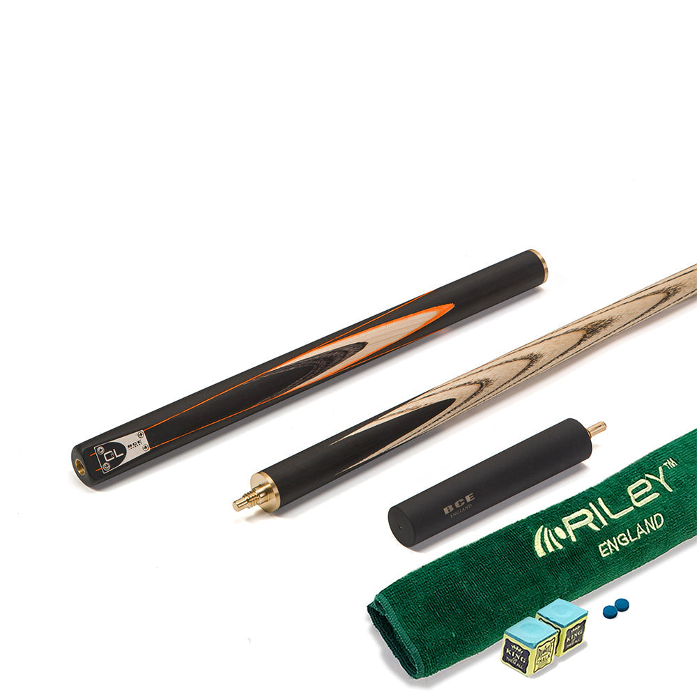 BCE C8L - 3 Piece English Pool Cue and Hard Case - 3/4 Cut Cue - Layered Ebonised Black Wood with 9mm Tip - 145cm - Black/ Orange/ Natural Wood