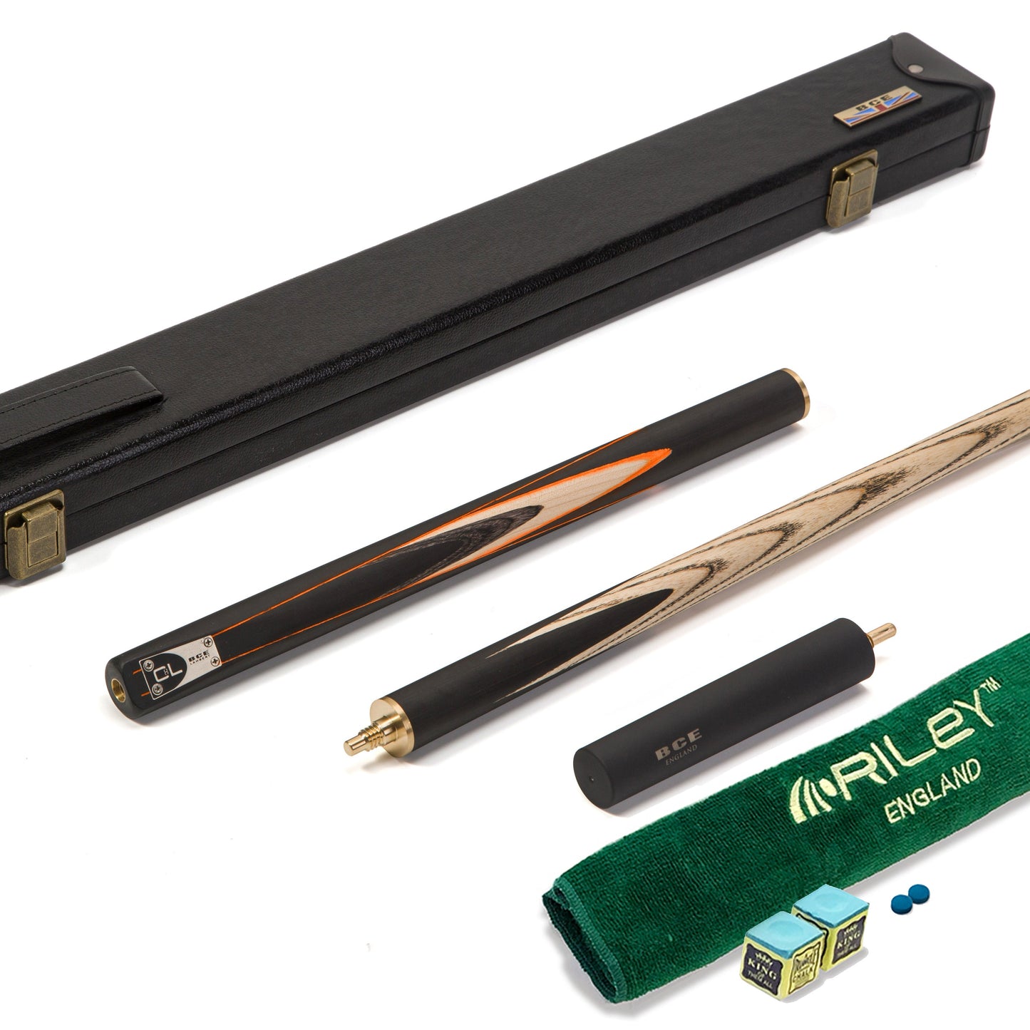 BCE C8L - 3 Piece English Pool Cue and Hard Case - 3/4 Cut Cue - Layered Ebonised Black Wood with 9mm Tip - 145cm - Black/ Orange/ Natural Wood
