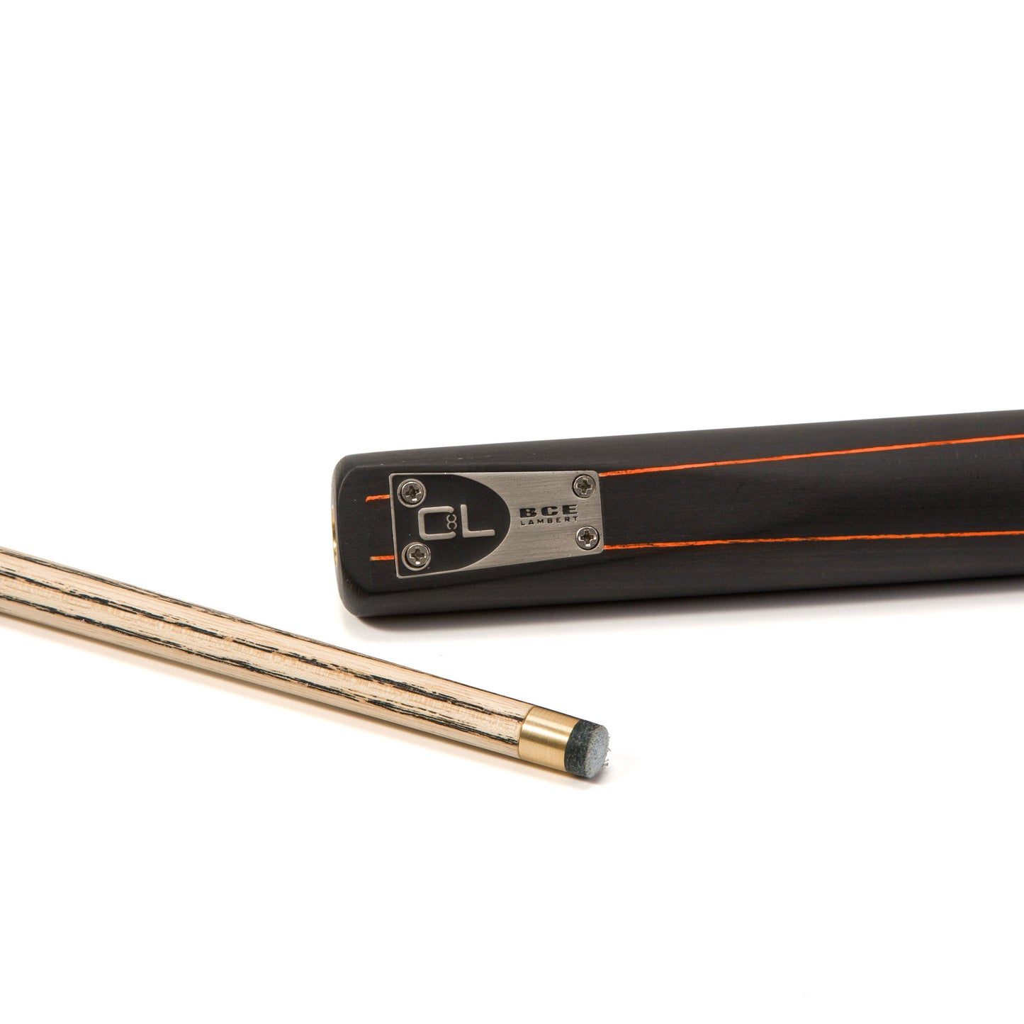 BCE C8L - 3 Piece English Pool Cue and Hard Case - 3/4 Cut Cue - Layered Ebonised Black Wood with 9mm Tip - 145cm - Black/ Orange/ Natural Wood