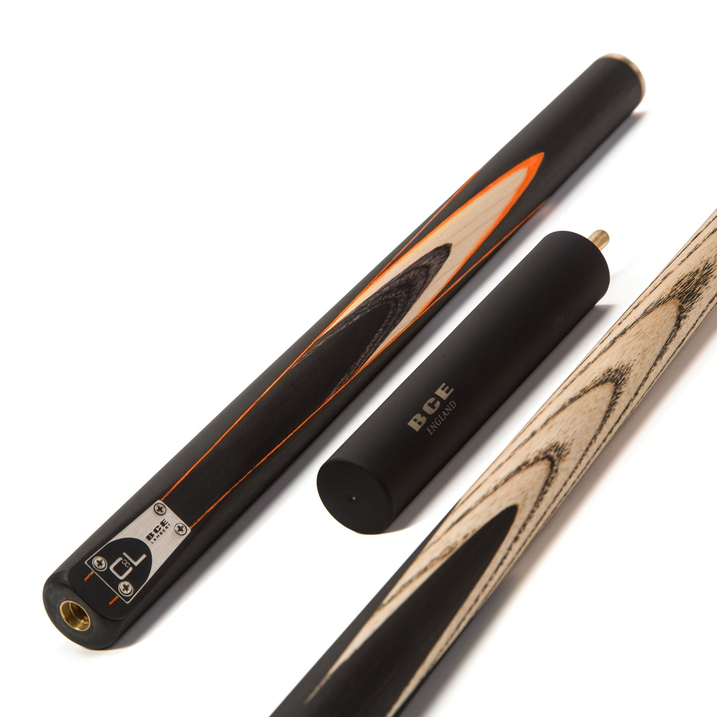 BCE C8L - 3 Piece English Pool Cue and Hard Case - 3/4 Cut Cue - Layered Ebonised Black Wood with 9mm Tip - 145cm - Black/ Orange/ Natural Wood