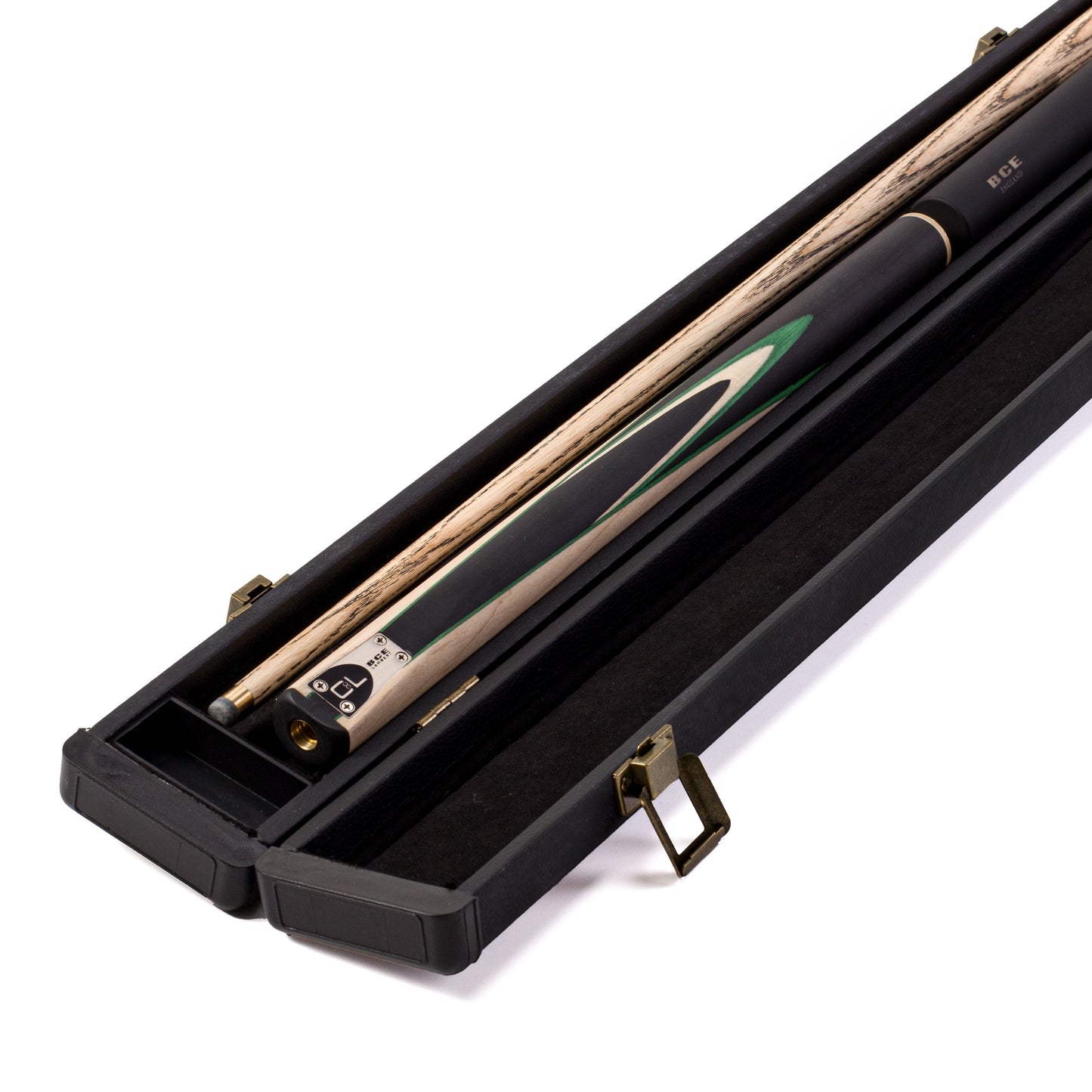 BCE C8L - 3 Piece English Pool Cue - 3/4 Cut Cue - Layered Ebonised Black Wood with 9mm Tip - 145cm - Black/ Green /Light Wood