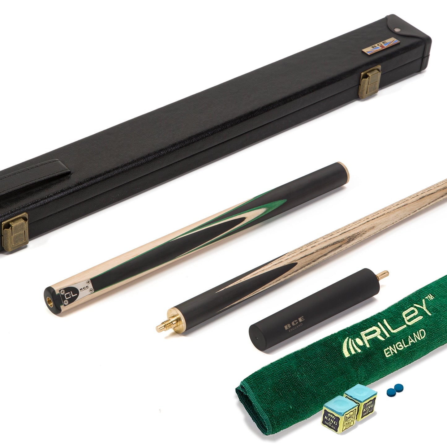 BCE C8L - 3 Piece English Pool Cue - 3/4 Cut Cue - Layered Ebonised Black Wood with 9mm Tip - 145cm - Black/ Green /Light Wood