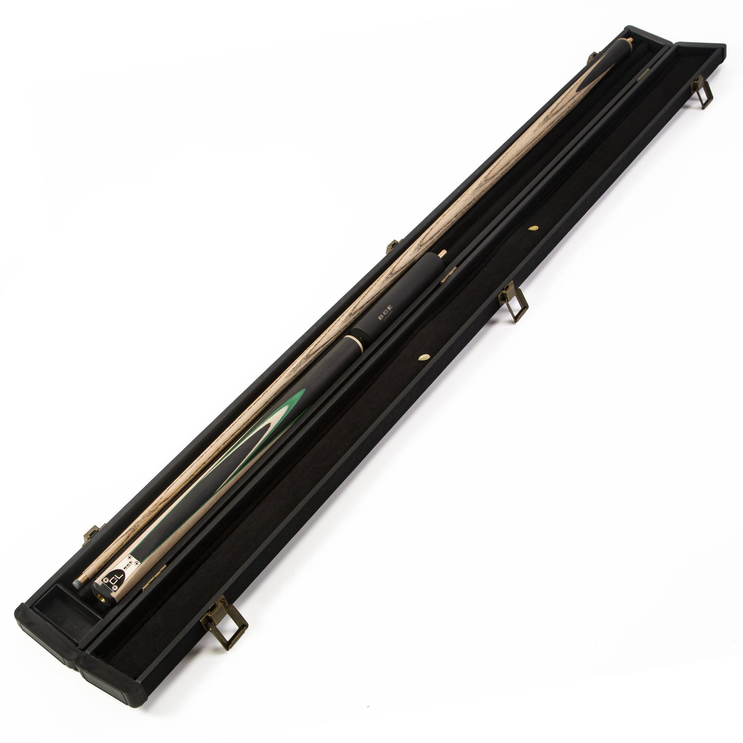 BCE C8L - 3 Piece English Pool Cue - 3/4 Cut Cue - Layered Ebonised Black Wood with 9mm Tip - 145cm - Black/ Green /Light Wood