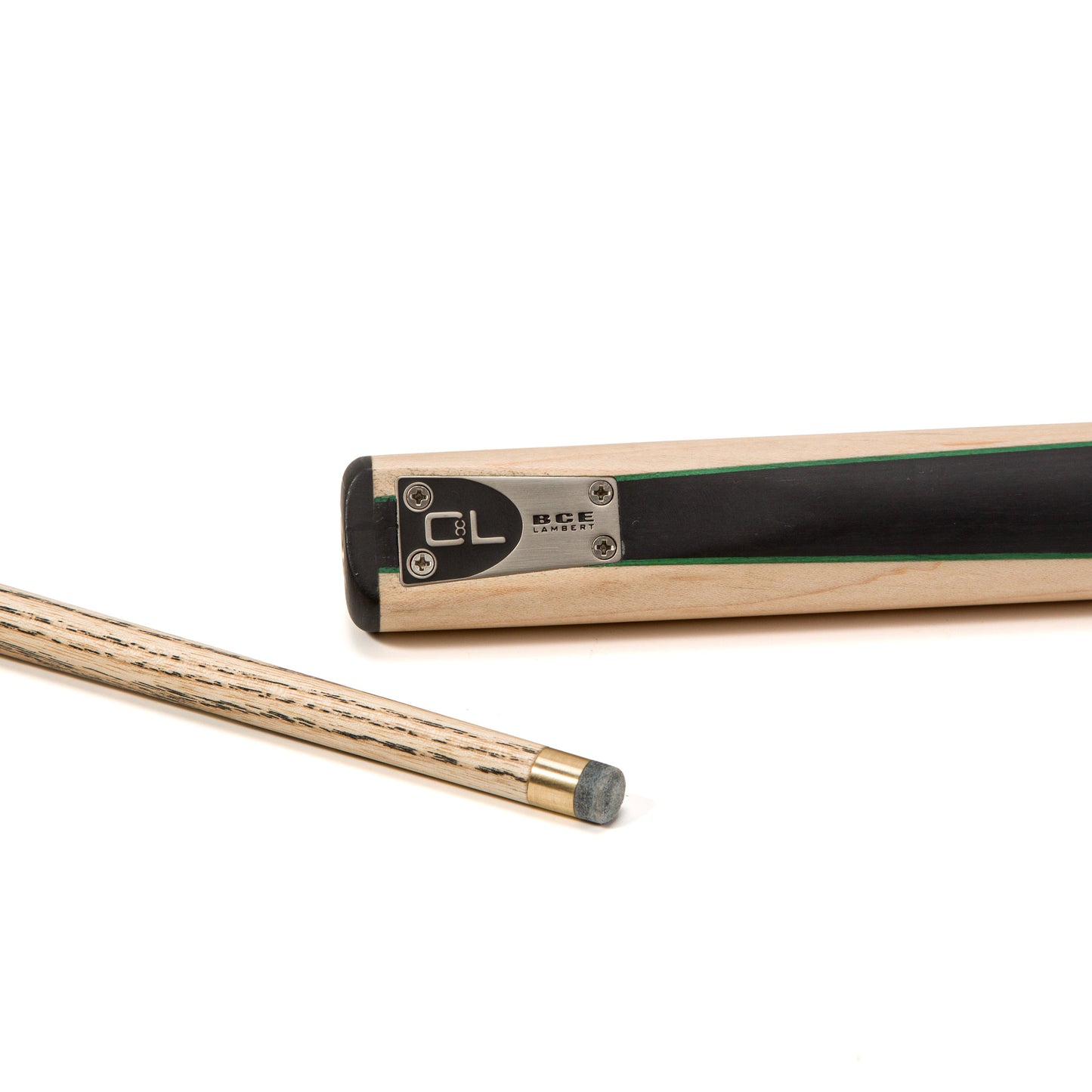 BCE C8L - 3 Piece English Pool Cue - 3/4 Cut Cue - Layered Ebonised Black Wood with 9mm Tip - 145cm - Black/ Green /Light Wood