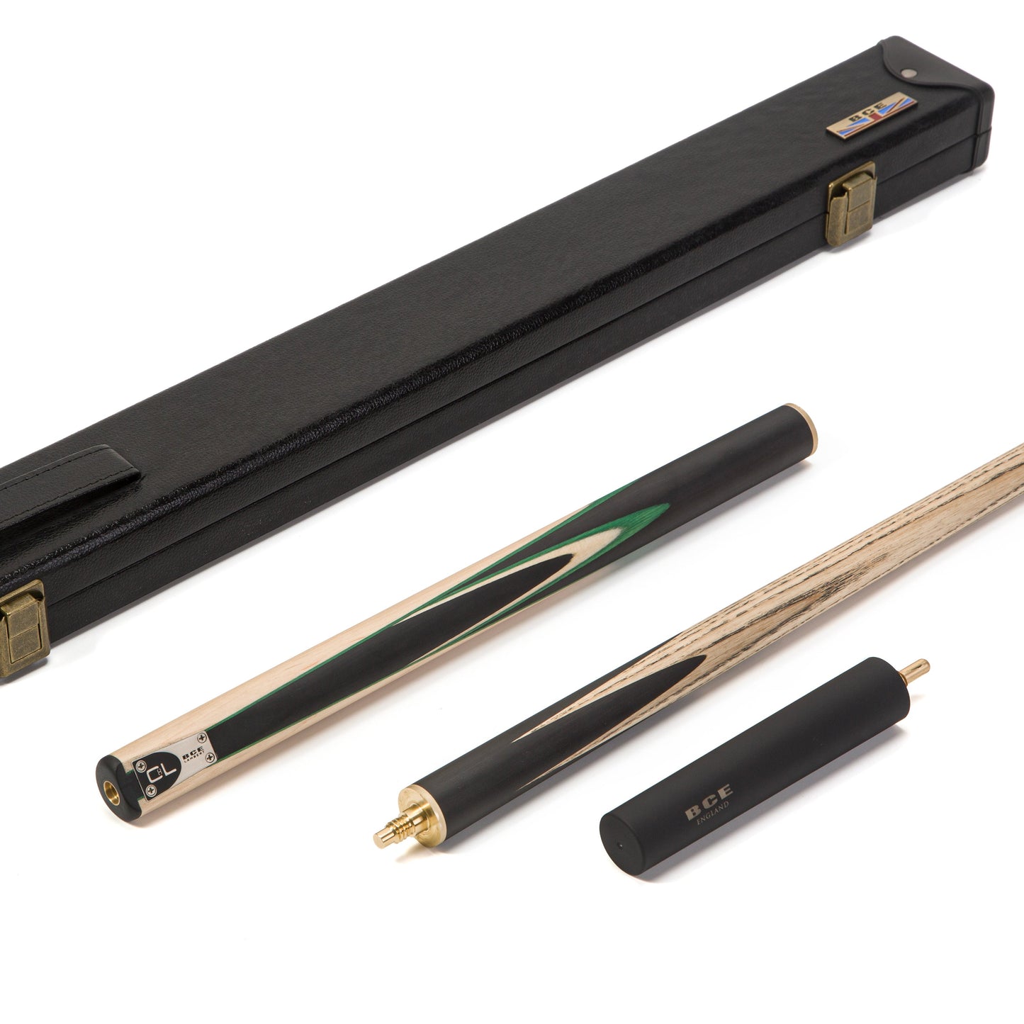 BCE C8L - 3 Piece English Pool Cue - 3/4 Cut Cue - Layered Ebonised Black Wood with 9mm Tip - 145cm - Black/ Green /Light Wood