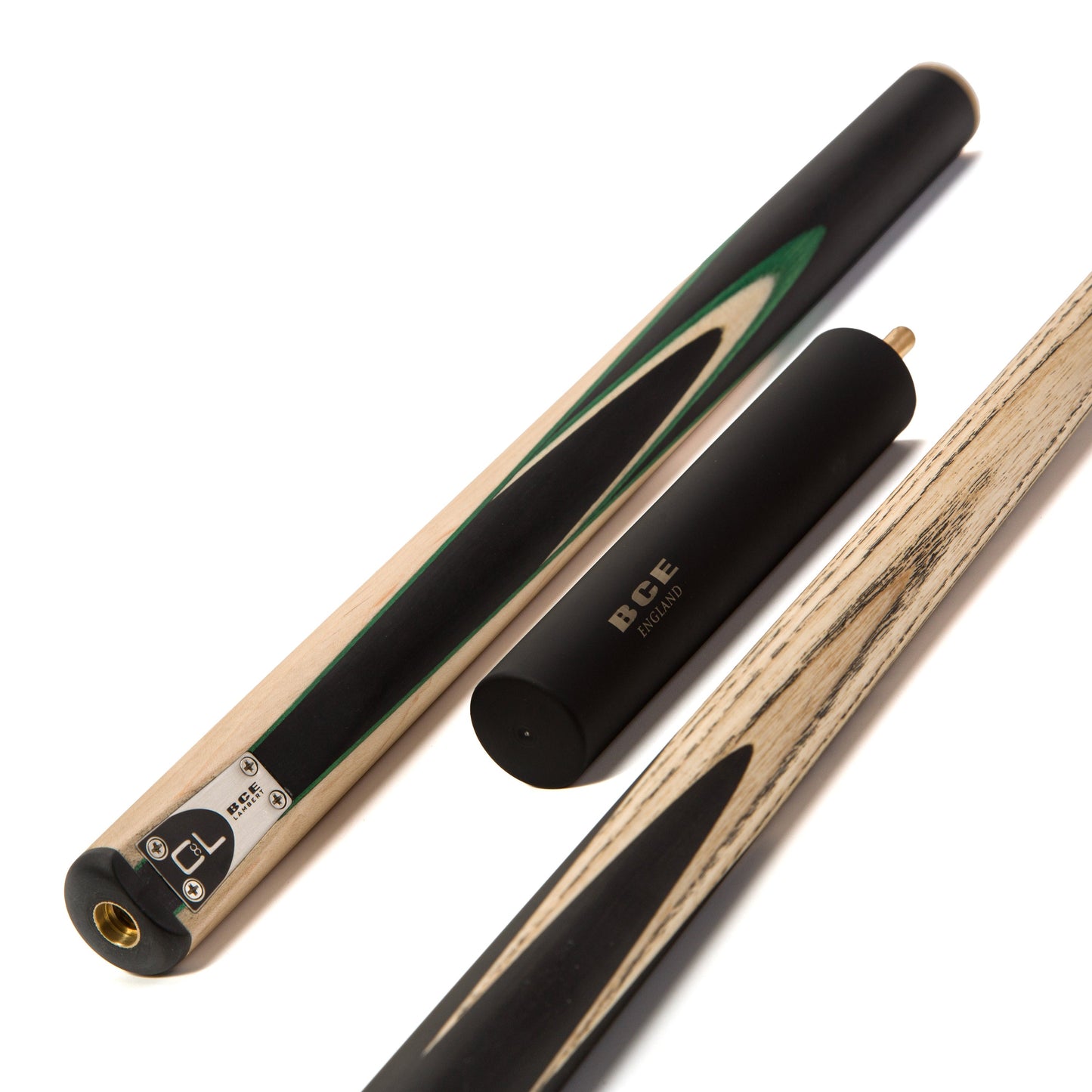 BCE C8L - 3 Piece English Pool Cue - 3/4 Cut Cue - Layered Ebonised Black Wood with 9mm Tip - 145cm - Black/ Green /Light Wood
