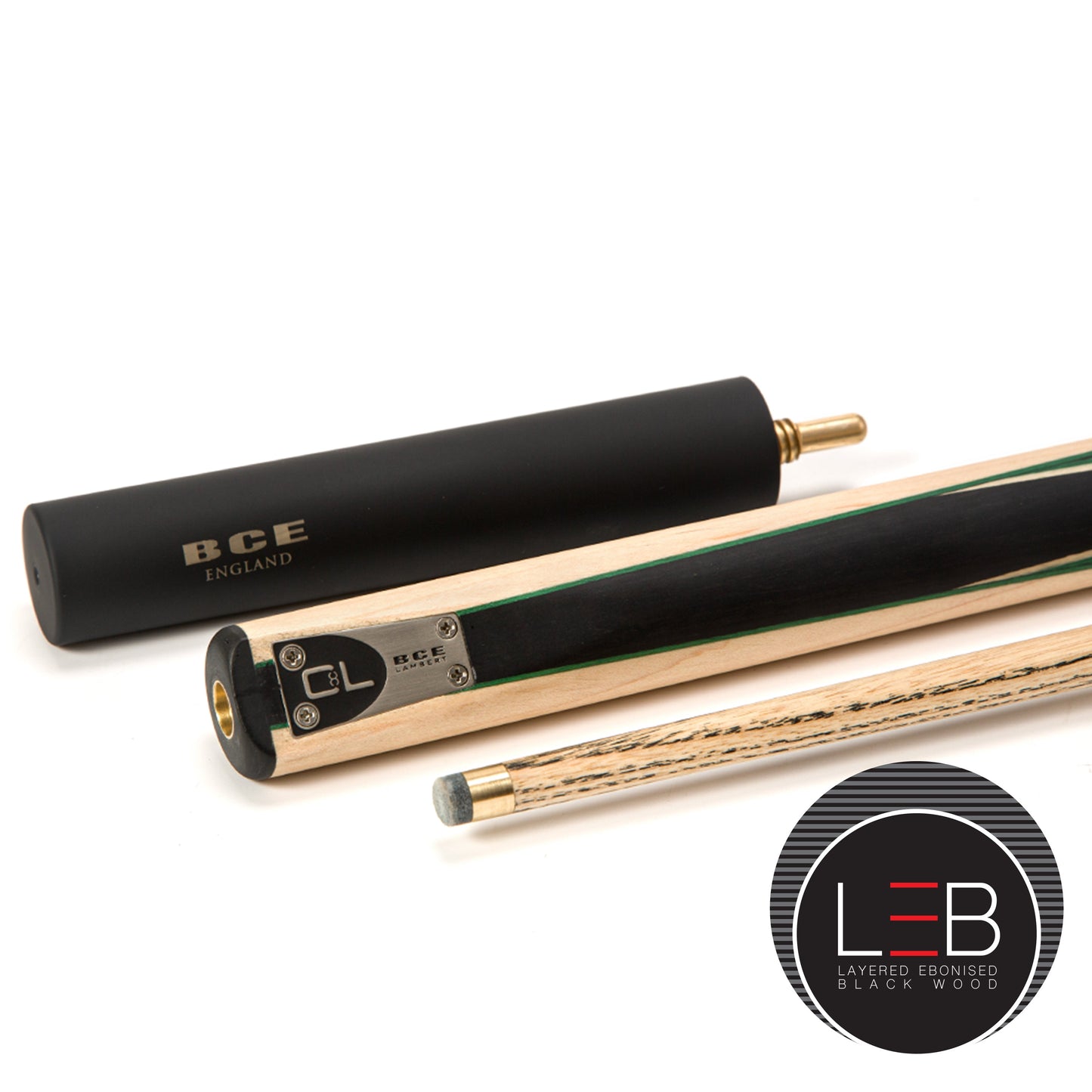 BCE C8L - 3 Piece English Pool Cue - 3/4 Cut Cue - Layered Ebonised Black Wood with 9mm Tip - 145cm - Black/ Green /Light Wood