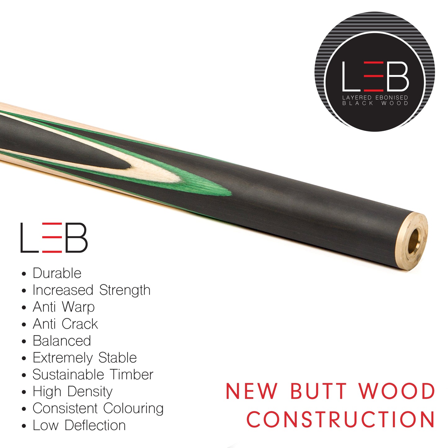 BCE C8L - 3 Piece English Pool Cue - 3/4 Cut Cue - Layered Ebonised Black Wood with 9mm Tip - 145cm - Black/ Green /Light Wood