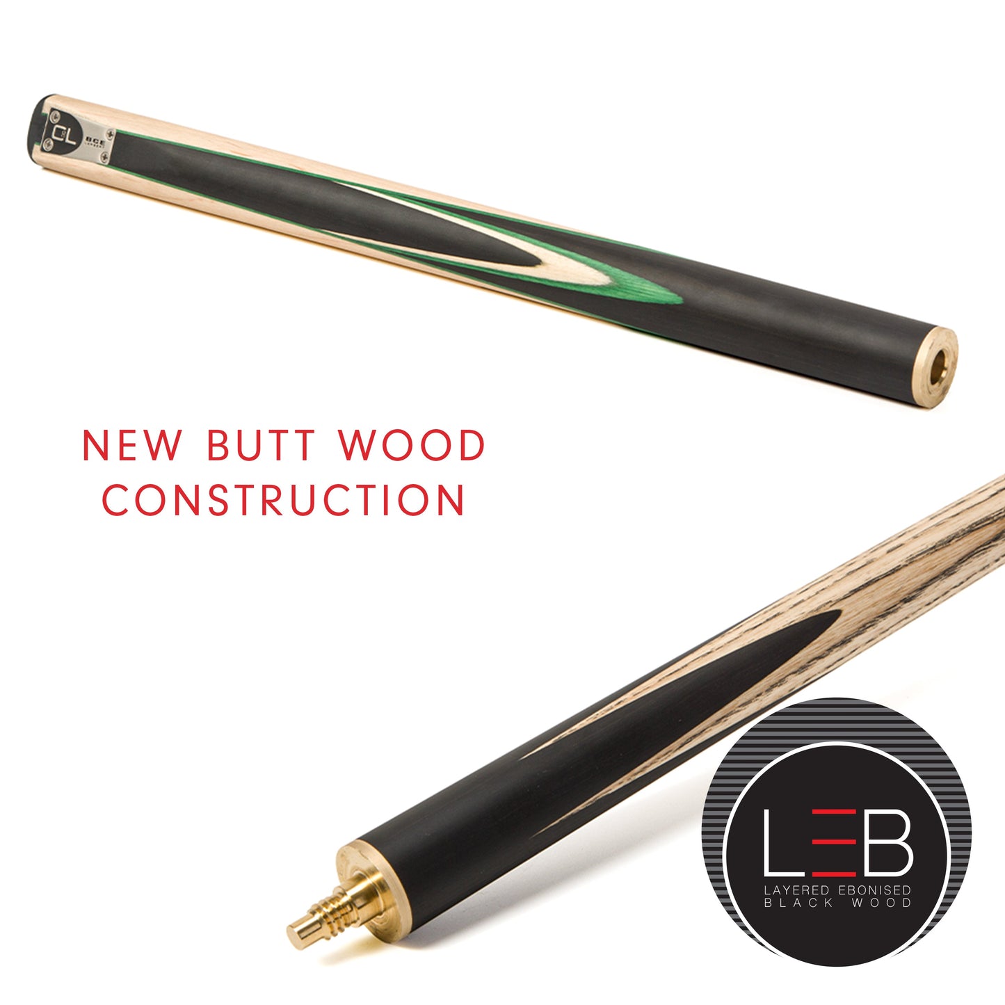 BCE C8L - 3 Piece English Pool Cue - 3/4 Cut Cue - Layered Ebonised Black Wood with 9mm Tip - 145cm - Black/ Green /Light Wood