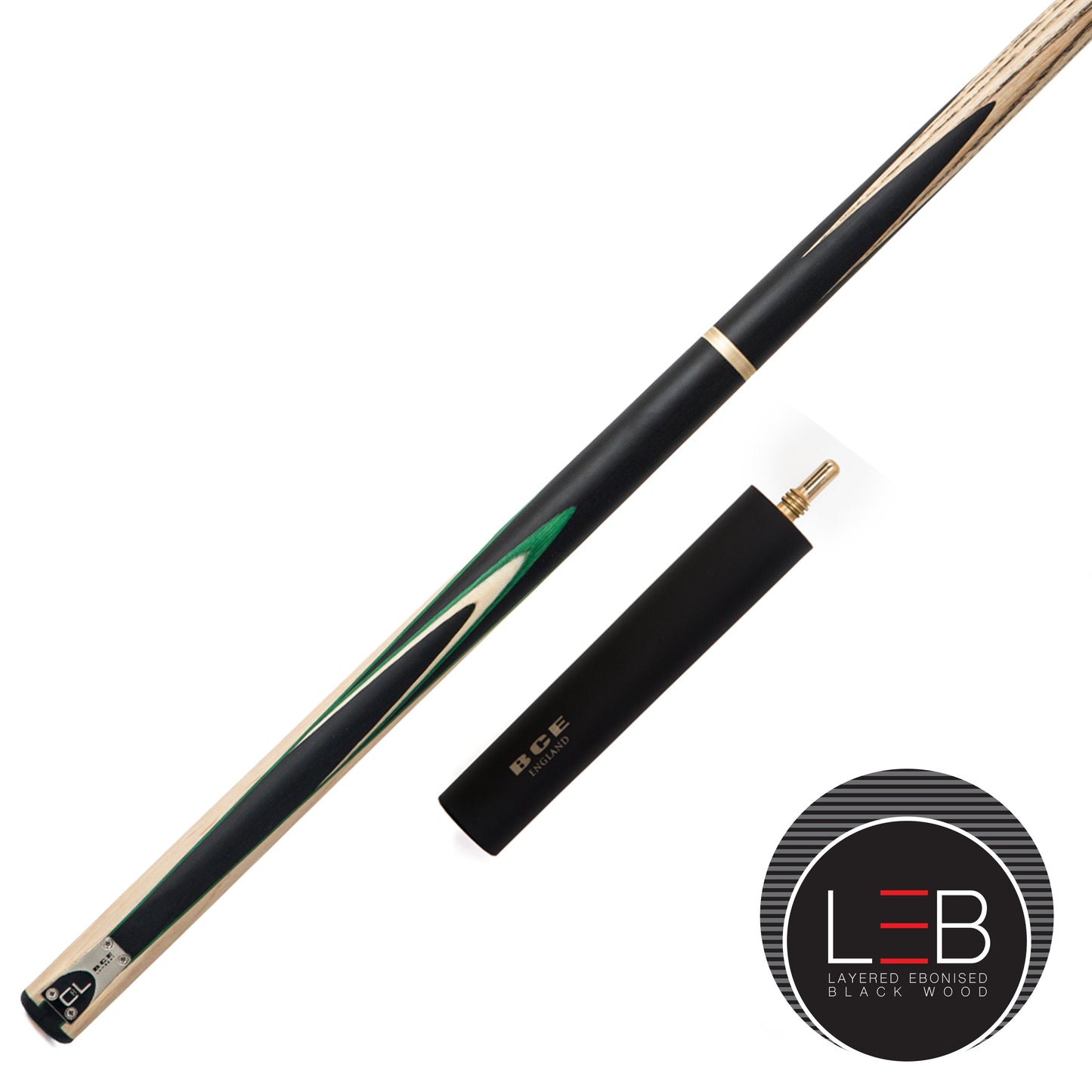 BCE C8L - 3 Piece English Pool Cue - 3/4 Cut Cue - Layered Ebonised Black Wood with 9mm Tip - 145cm - Black/ Green /Light Wood