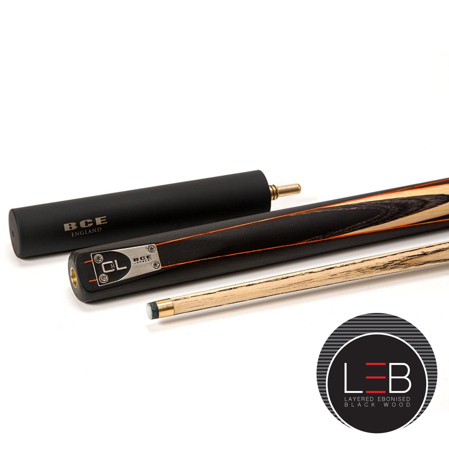 BCE C8L - 3 Piece English Pool Cue and Hard Case - 3/4 Cut Cue - Layered Ebonised Black Wood with 9mm Tip - 145cm - Black/ Orange/ Natural Wood