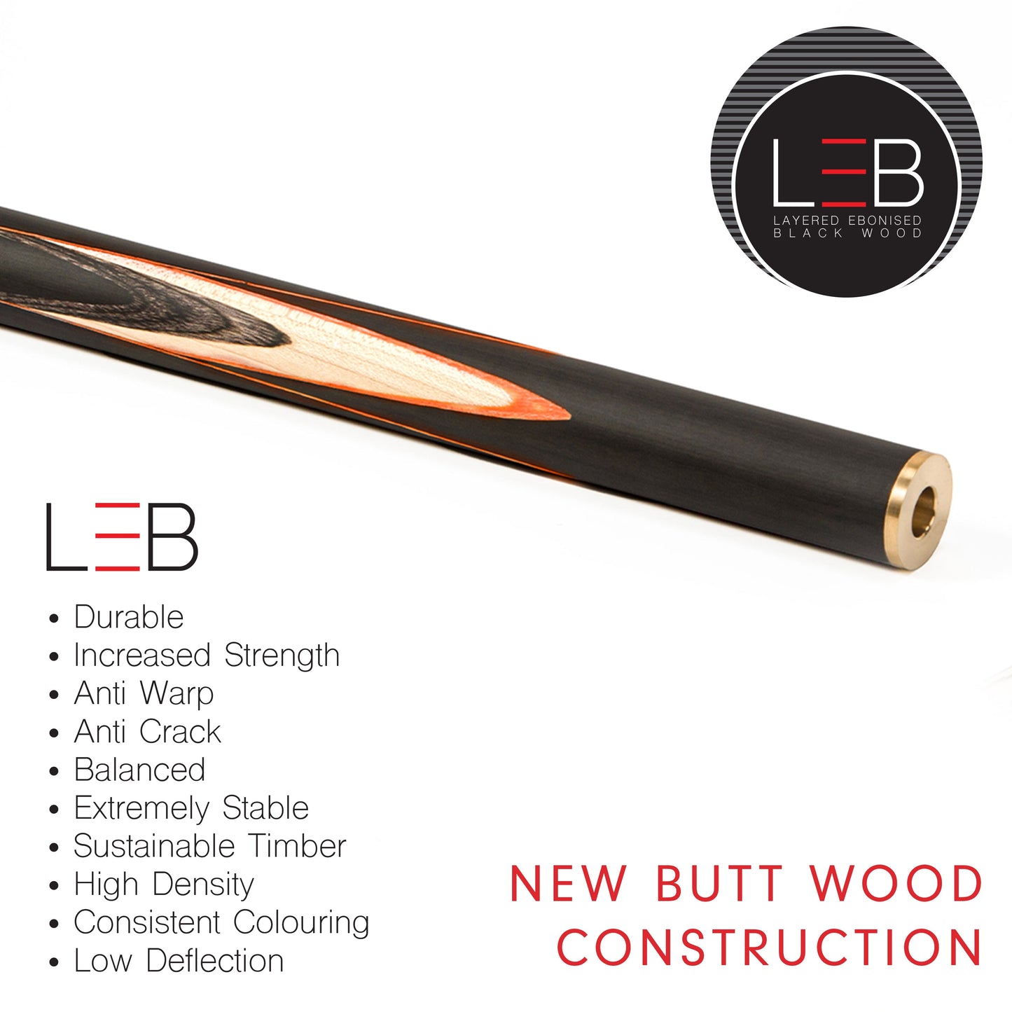 BCE C8L - 3 Piece English Pool Cue and Hard Case - 3/4 Cut Cue - Layered Ebonised Black Wood with 9mm Tip - 145cm - Black/ Orange/ Natural Wood