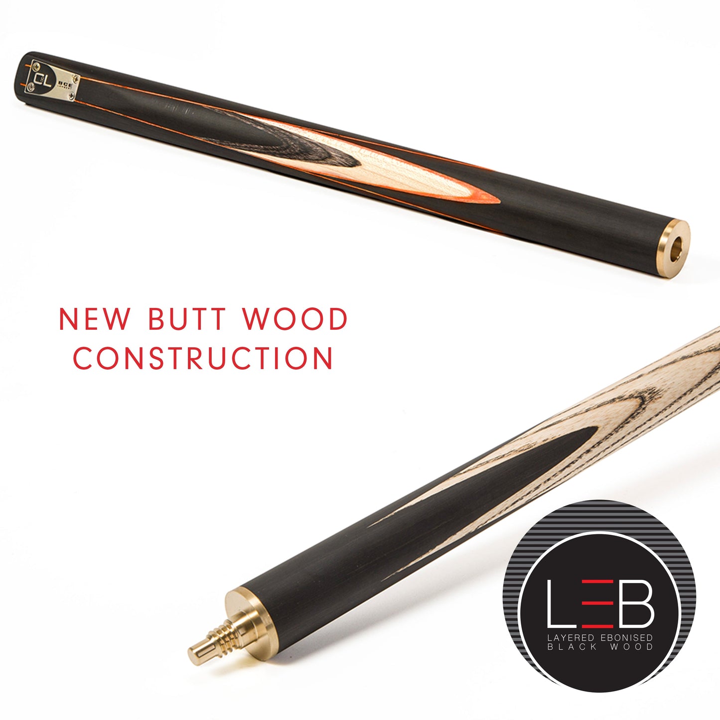 BCE C8L - 3 Piece English Pool Cue and Hard Case - 3/4 Cut Cue - Layered Ebonised Black Wood with 9mm Tip - 145cm - Black/ Orange/ Natural Wood