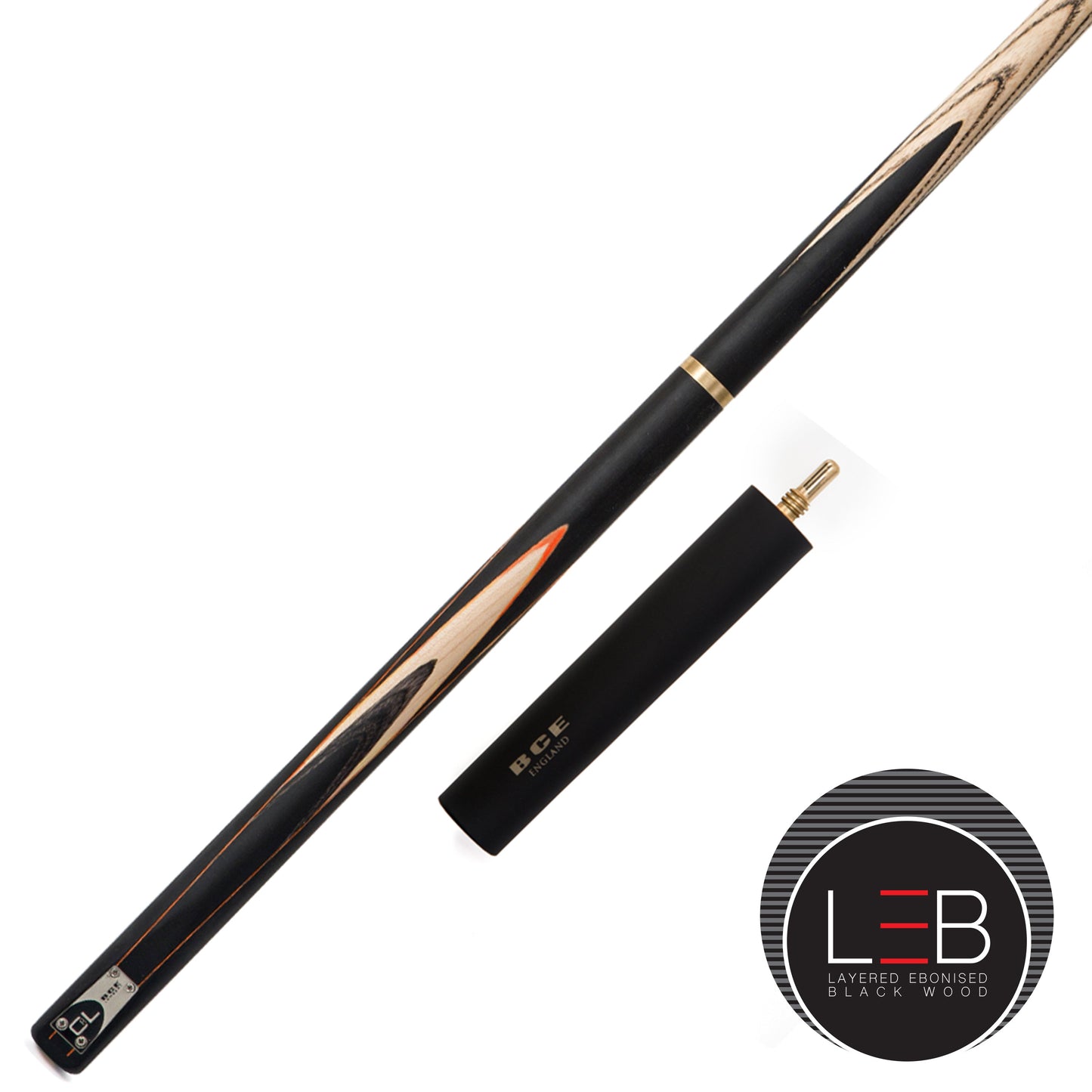 BCE C8L - 3 Piece English Pool Cue and Hard Case - 3/4 Cut Cue - Layered Ebonised Black Wood with 9mm Tip - 145cm - Black/ Orange/ Natural Wood