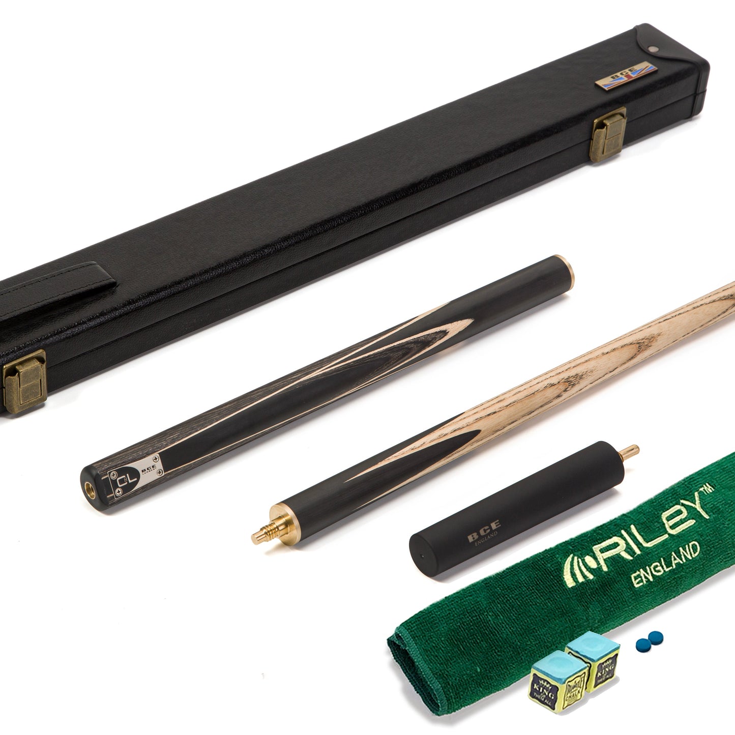 BCE C8L - 3 Piece English Pool Cue - 3/4 Cut Cue - Layered Ebonised Black Wood with 9mm Tip - 145cm - Black/ Grey/ Light Wood