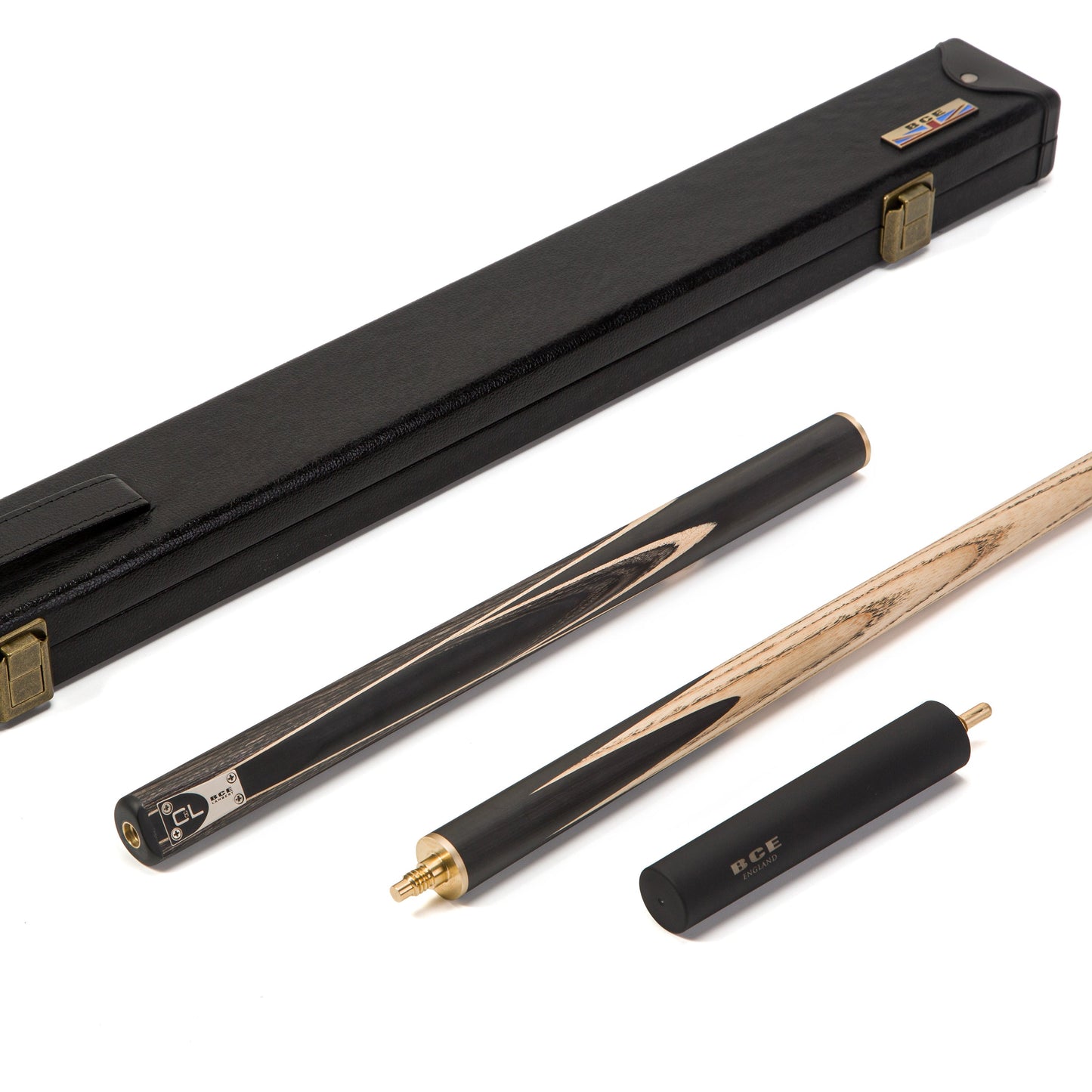 BCE C8L - 3 Piece English Pool Cue - 3/4 Cut Cue - Layered Ebonised Black Wood with 9mm Tip - 145cm - Black/ Grey/ Light Wood