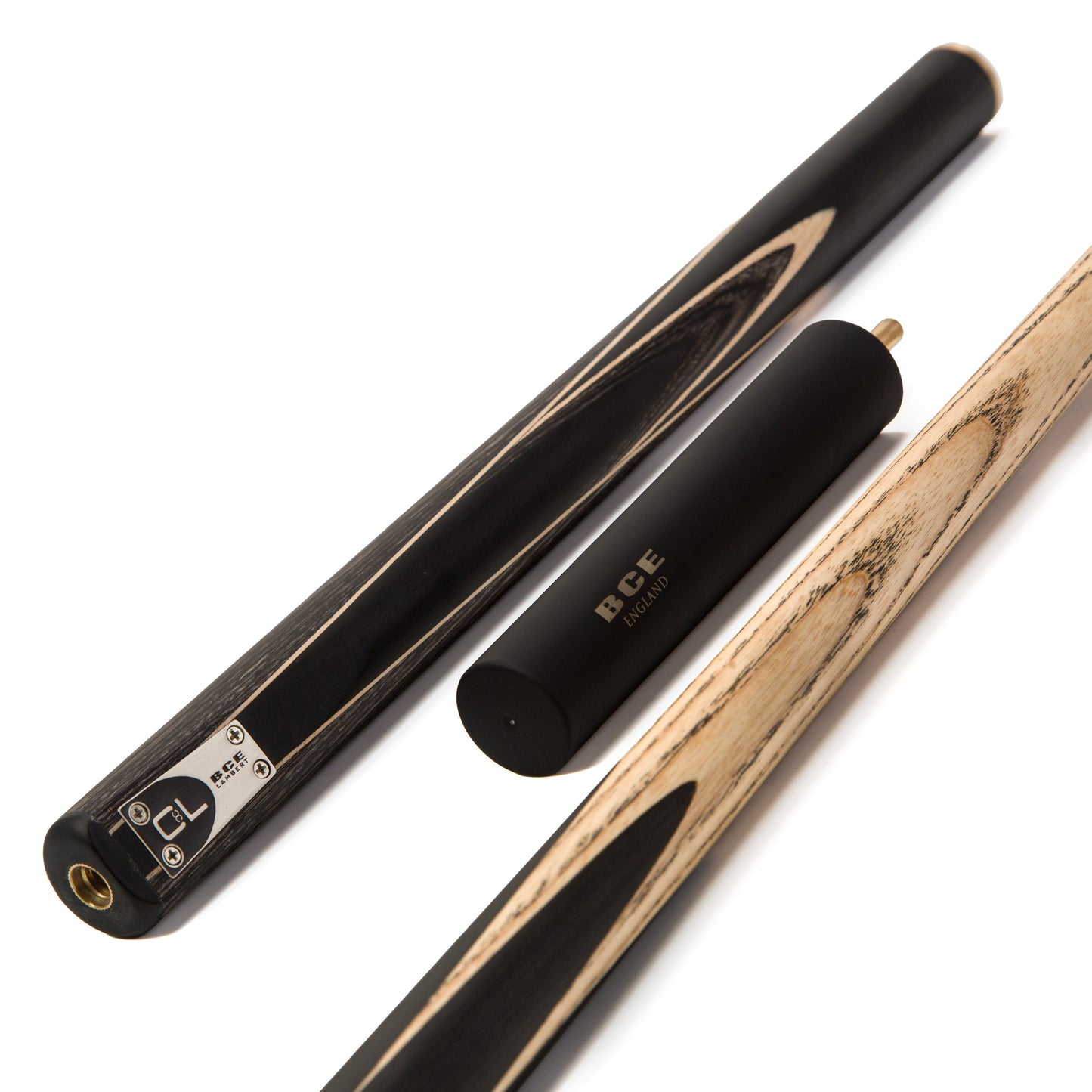 BCE C8L - 3 Piece English Pool Cue - 3/4 Cut Cue - Layered Ebonised Black Wood with 9mm Tip - 145cm - Black/ Grey/ Light Wood