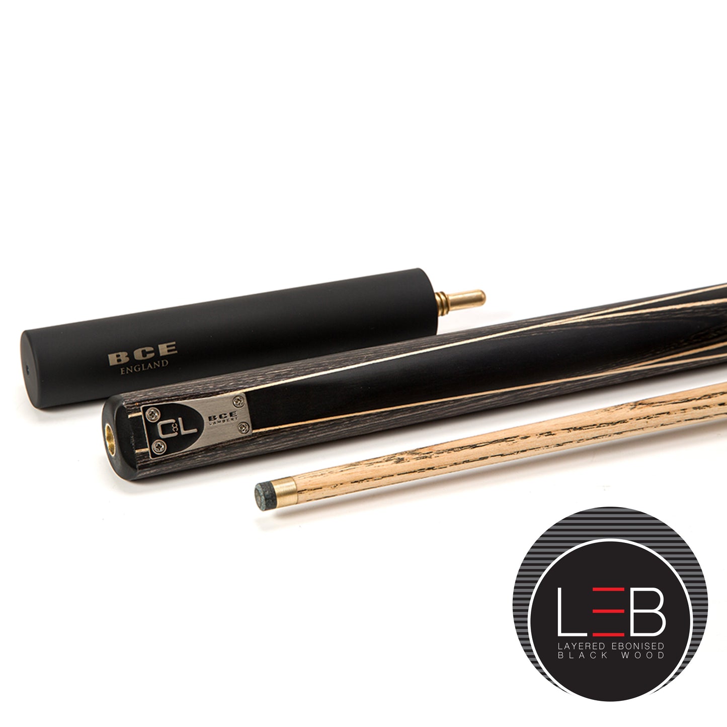 BCE C8L - 3 Piece English Pool Cue - 3/4 Cut Cue - Layered Ebonised Black Wood with 9mm Tip - 145cm - Black/ Grey/ Light Wood