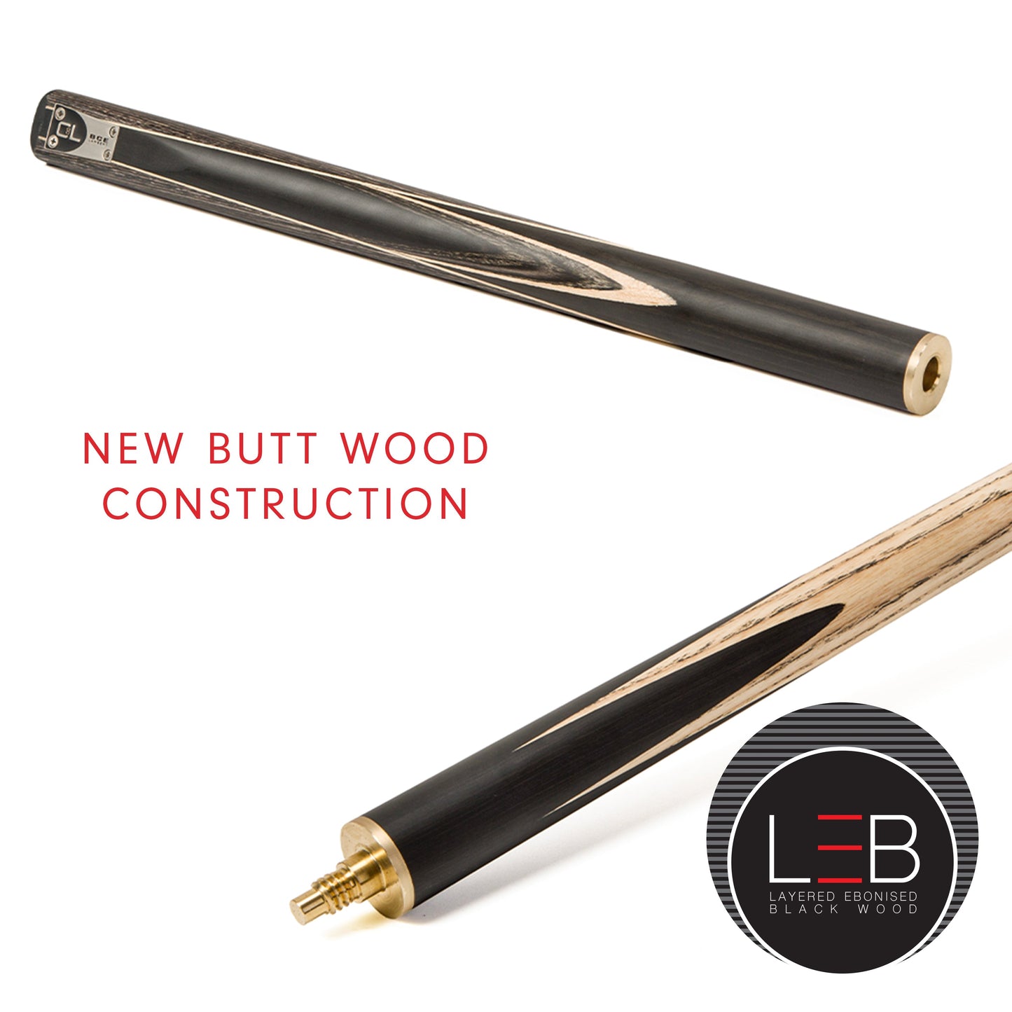 BCE C8L - 3 Piece English Pool Cue - 3/4 Cut Cue - Layered Ebonised Black Wood with 9mm Tip - 145cm - Black/ Grey/ Light Wood
