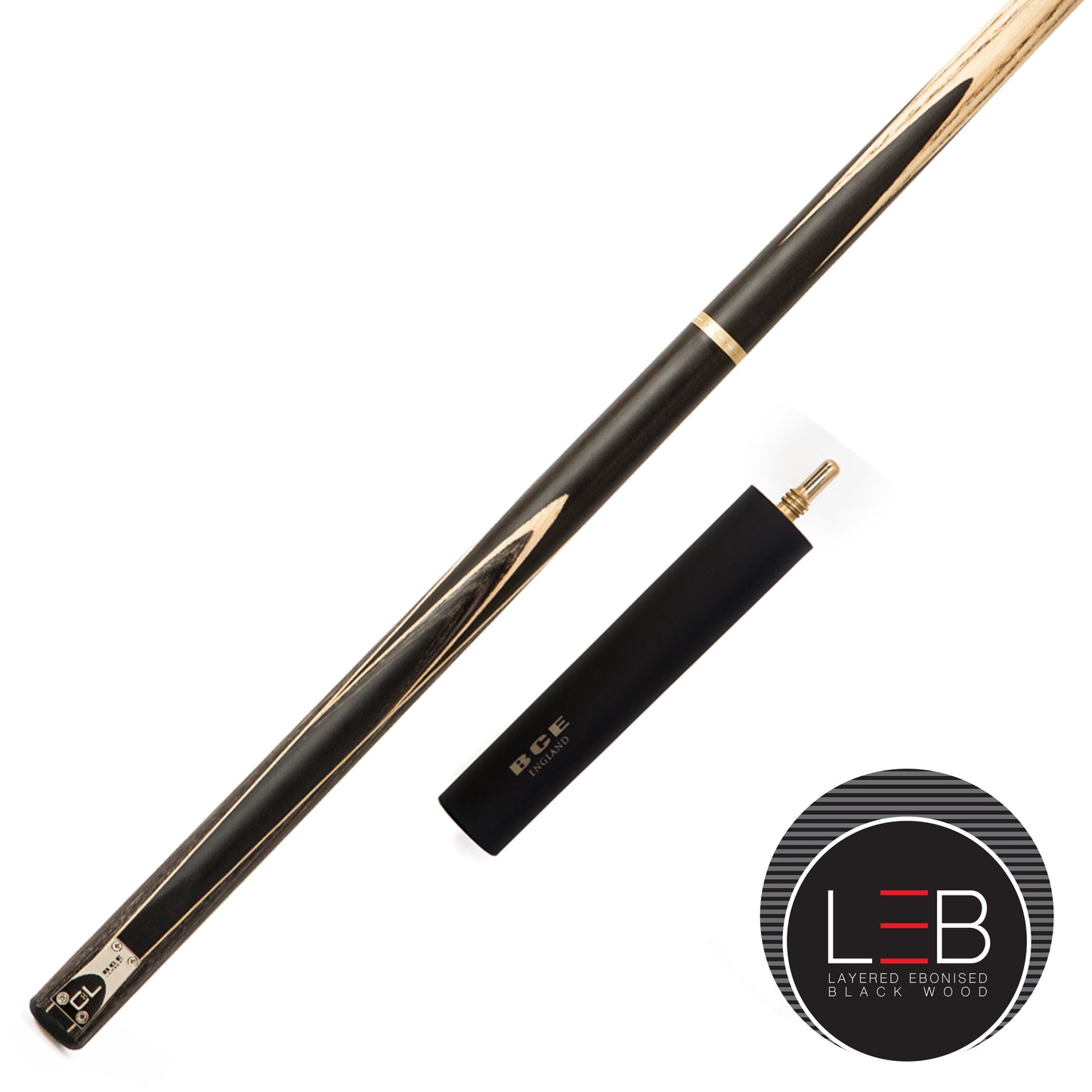 BCE C8L - 3 Piece English Pool Cue - 3/4 Cut Cue - Layered Ebonised Black Wood with 9mm Tip - 145cm - Black/ Grey/ Light Wood