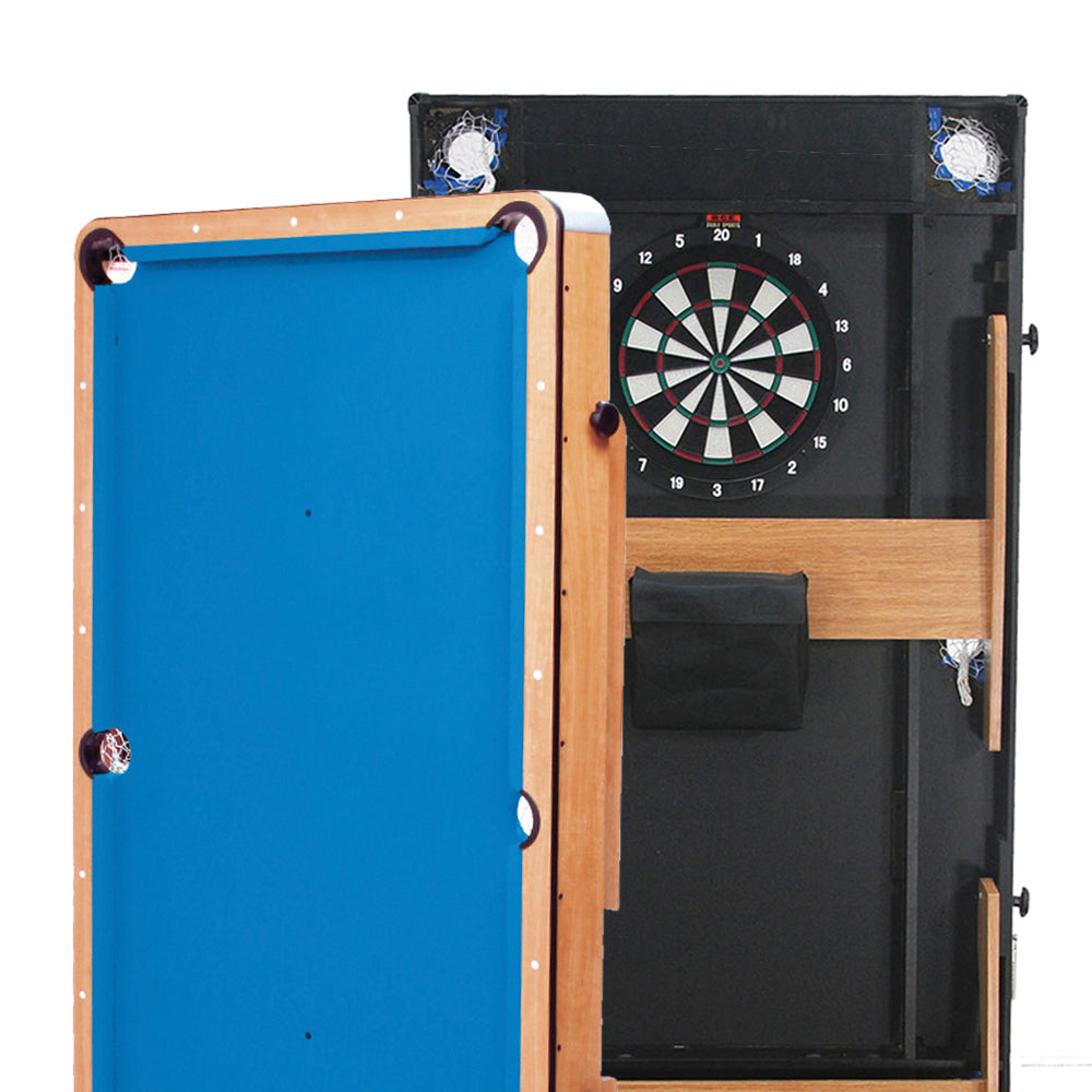 BCE 6ft Folding 3 in 1 Pool Table with Table Tennis Top and Dartboard - Blue Cloth/ Beech Finish - Folds Vertically