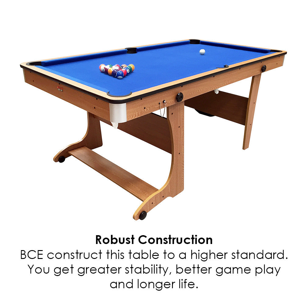 BCE 6ft Folding 3 in 1 Pool Table with Table Tennis Top and Dartboard - Blue Cloth/ Beech Finish - Folds Vertically