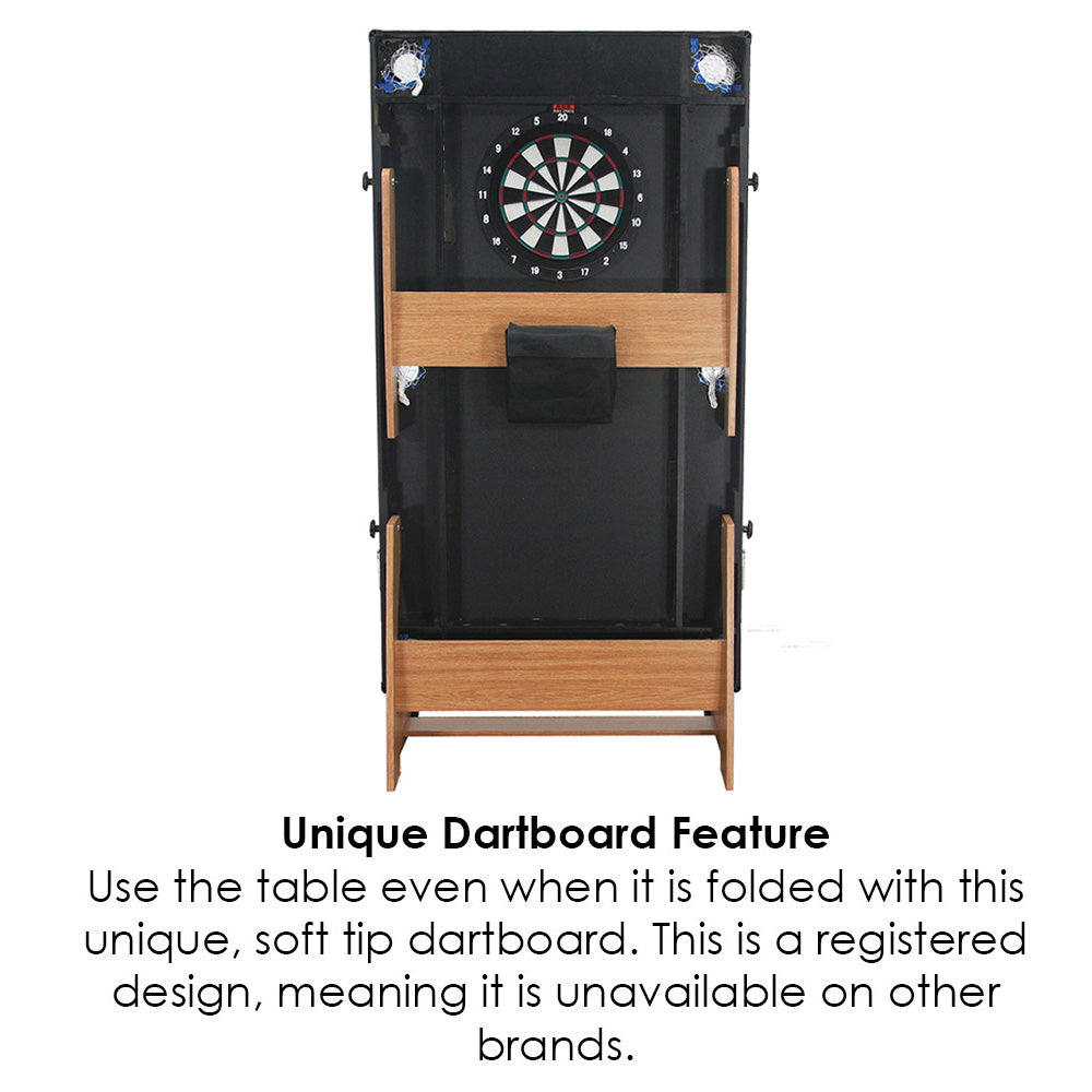 BCE 6ft Folding 3 in 1 Pool Table with Table Tennis Top and Dartboard - Blue Cloth/ Beech Finish - Folds Vertically