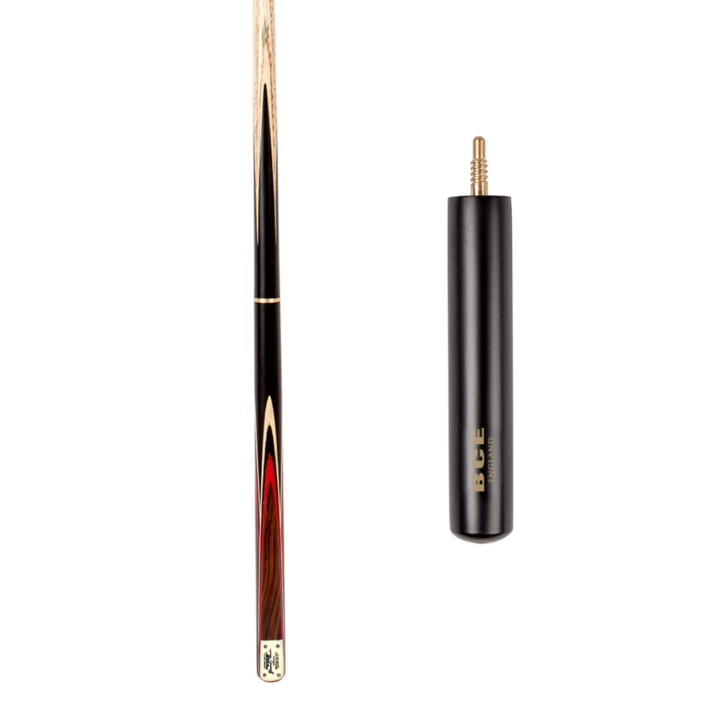 BCE 3 Piece Grand Master Snooker Cue - 3/4 Cut Cue - Layered Ebonised Black Wood Butt - 9.5mm Tip - 145cm - Black/ Red/ Natural