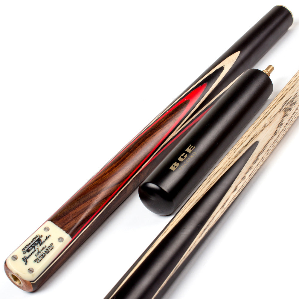 BCE 3 Piece Grand Master Snooker Cue - 3/4 Cut Cue - Layered Ebonised Black Wood Butt - 9.5mm Tip - 145cm - Black/ Red/ Natural