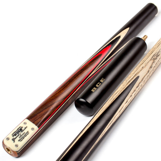 BCE 3 Piece Grand Master Snooker Cue - 3/4 Cut Cue - Layered Ebonised Black Wood Butt - 9.5mm Tip - 145cm - Black/ Red/ Natural