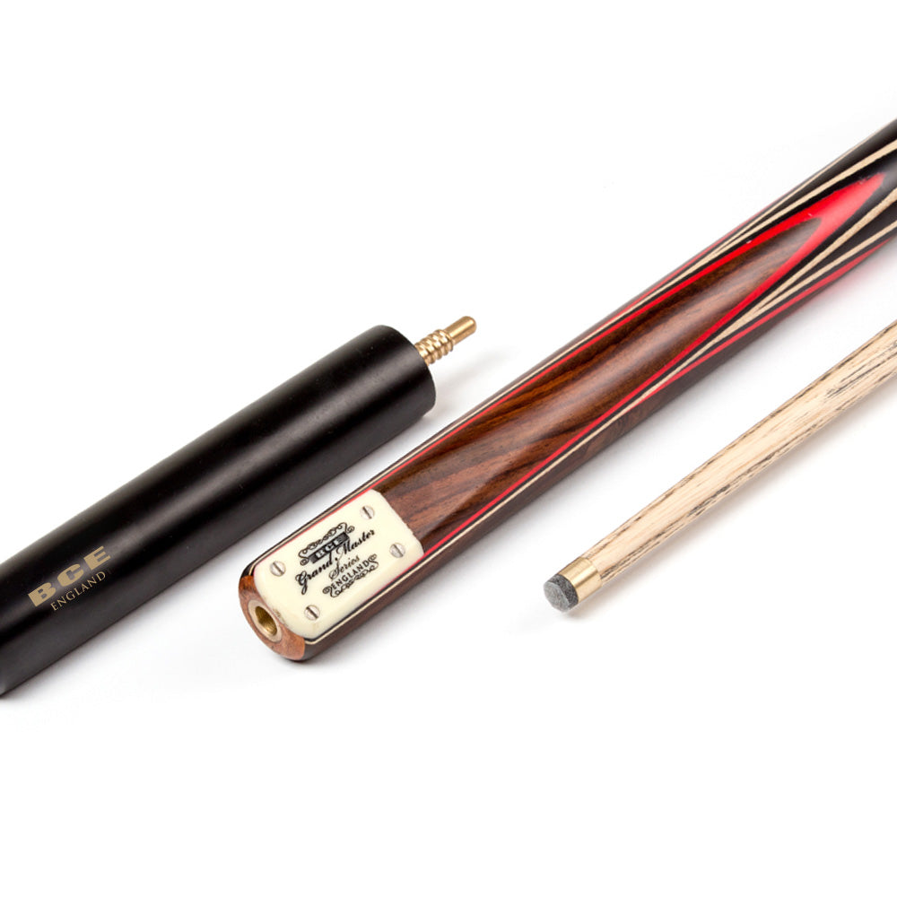 BCE 3 Piece Grand Master Snooker Cue - 3/4 Cut Cue - Layered Ebonised Black Wood Butt - 9.5mm Tip - 145cm - Black/ Red/ Natural